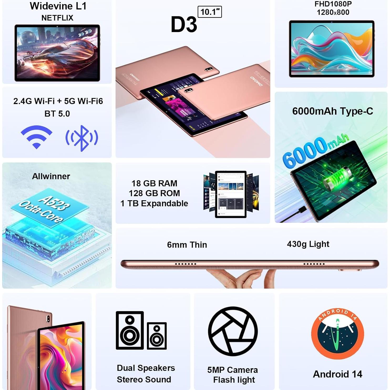 Tableta DMOAO D3 10.1" Android 14 18GB RAM 128GB ROM Oro