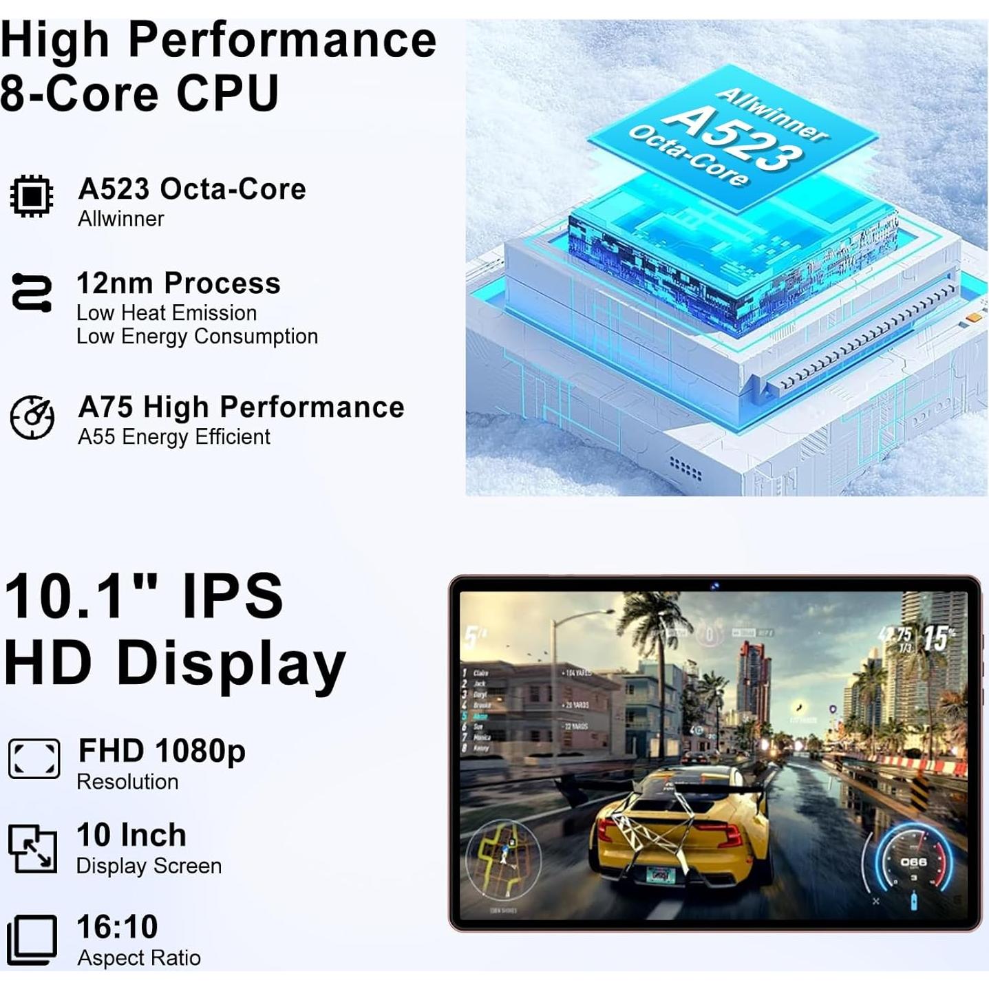 Tableta DMOAO D3 10.1" Android 14 18GB RAM 128GB ROM Oro