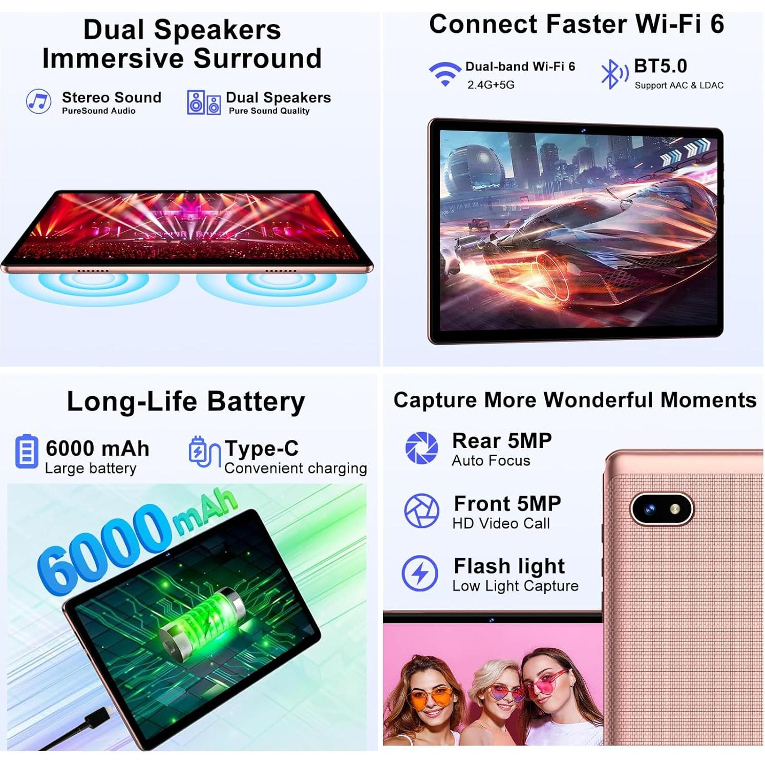 Tableta DMOAO D3 10.1" Android 14 18GB RAM 128GB ROM Oro