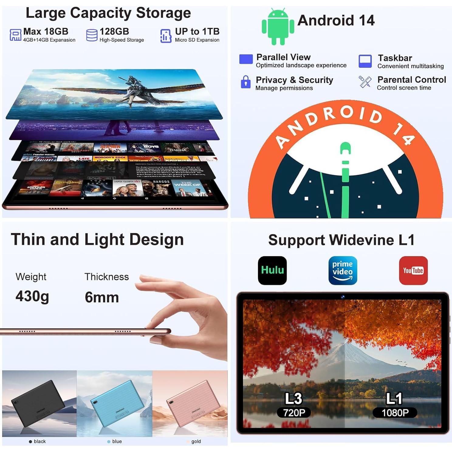 Tableta DMOAO D3 10.1" Android 14 18GB RAM 128GB ROM Oro