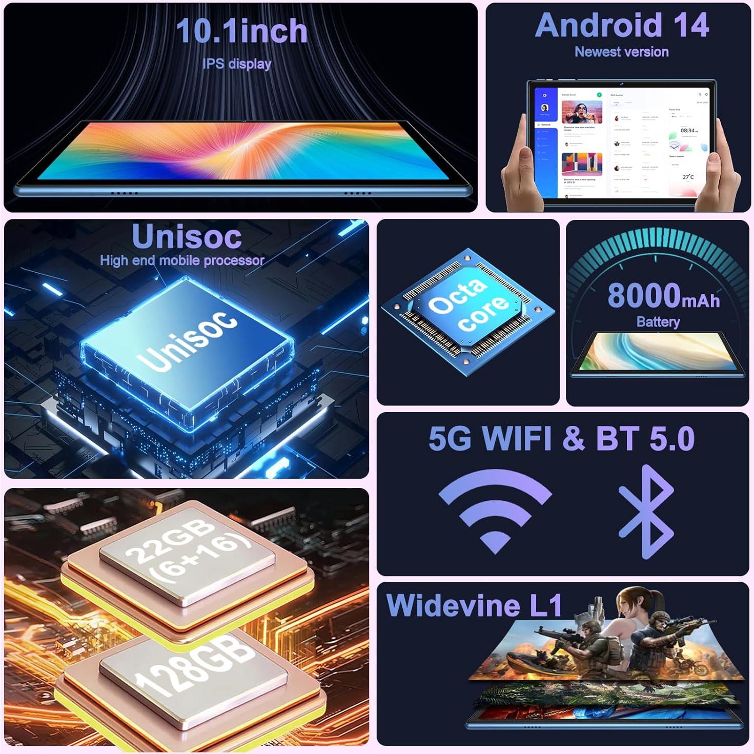 Tablet DEERTiME E6 10.1" Android 14 22GB RAM 128GB ROM Azul