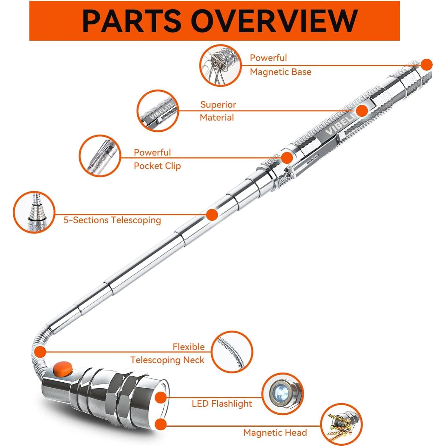 Linterna Magnética Telescópica VIBELITE 200 Lúmenes Plata