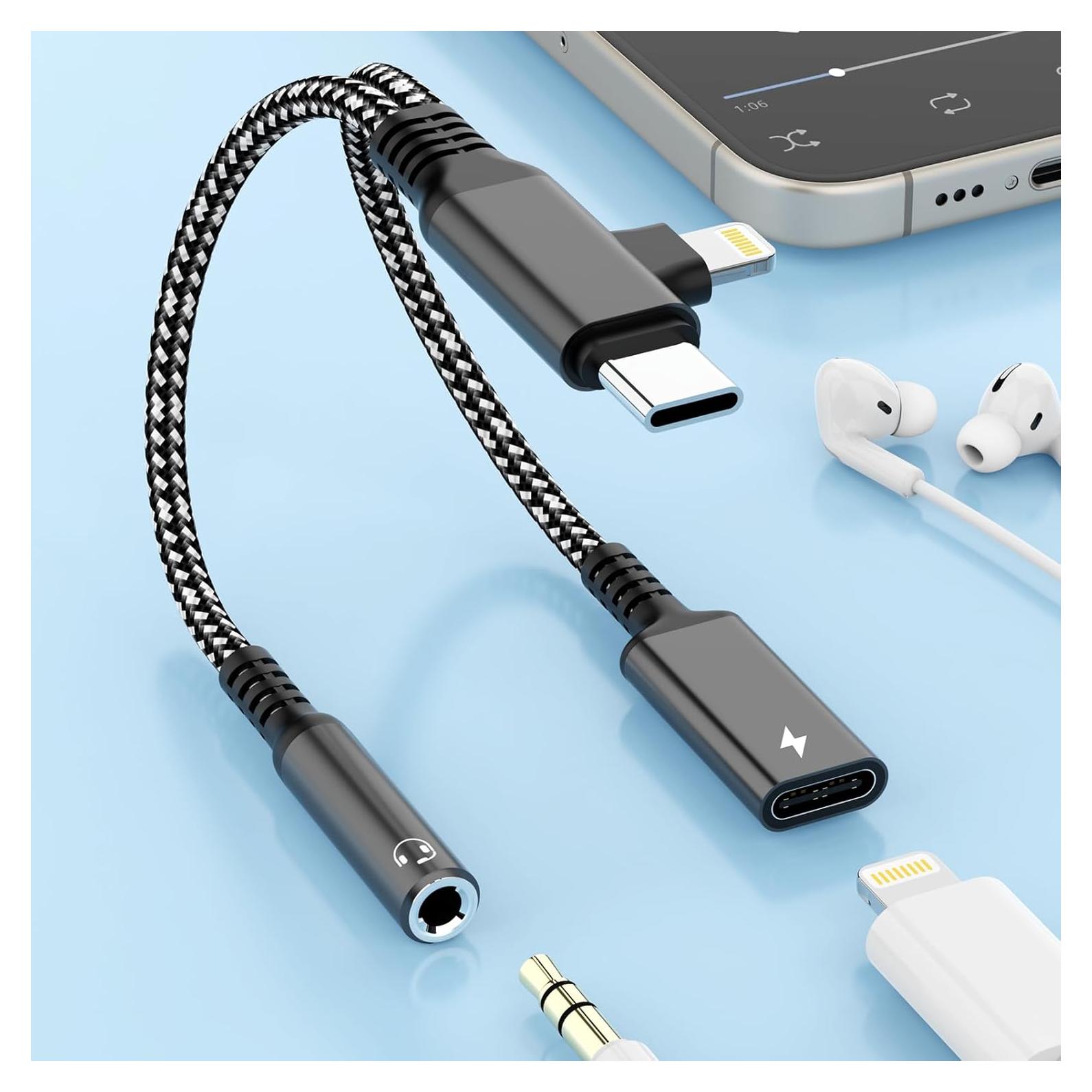 Adaptador Divisor de Auriculares Lightning y USB C HiFi - Negro