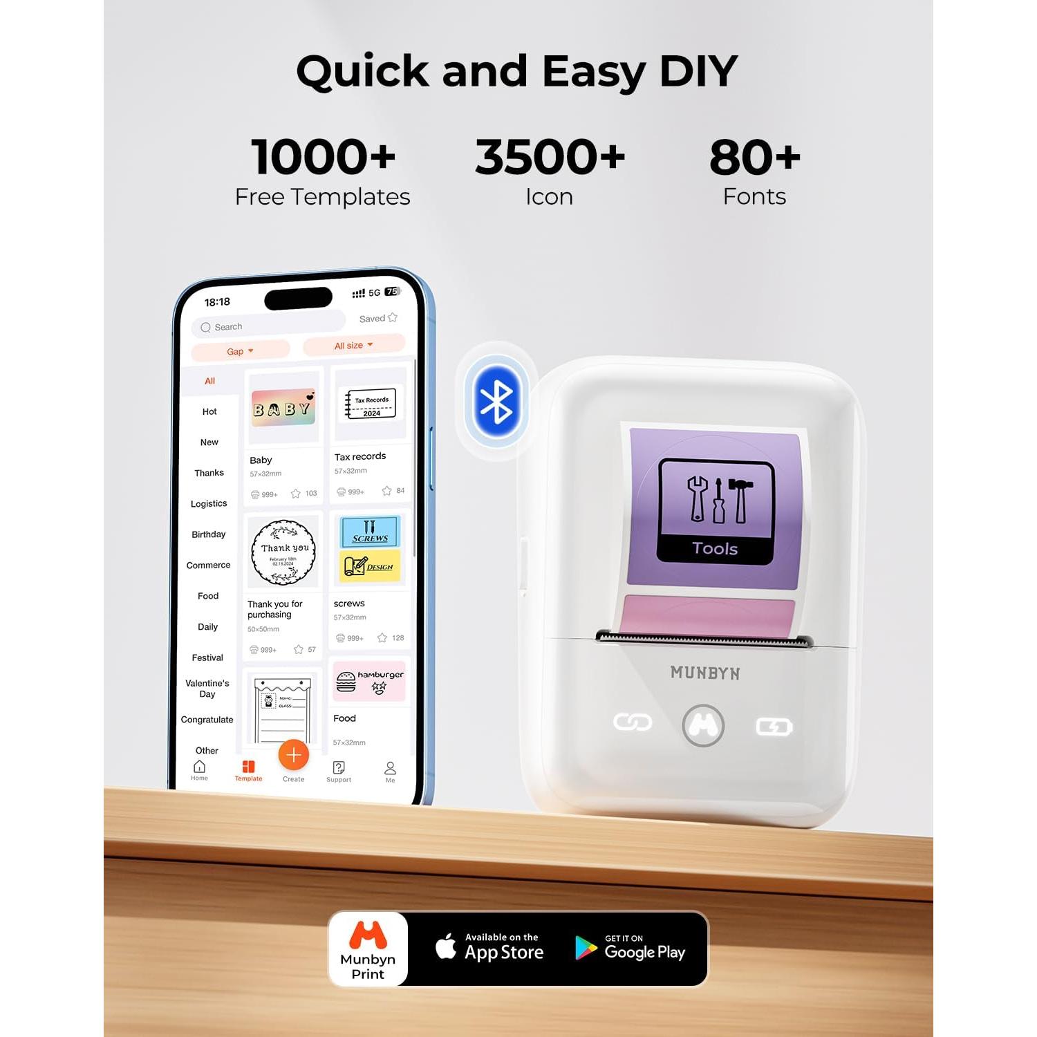 MUNBYN FM226 Impresora Térmica Portátil Bluetooth 203 DPI