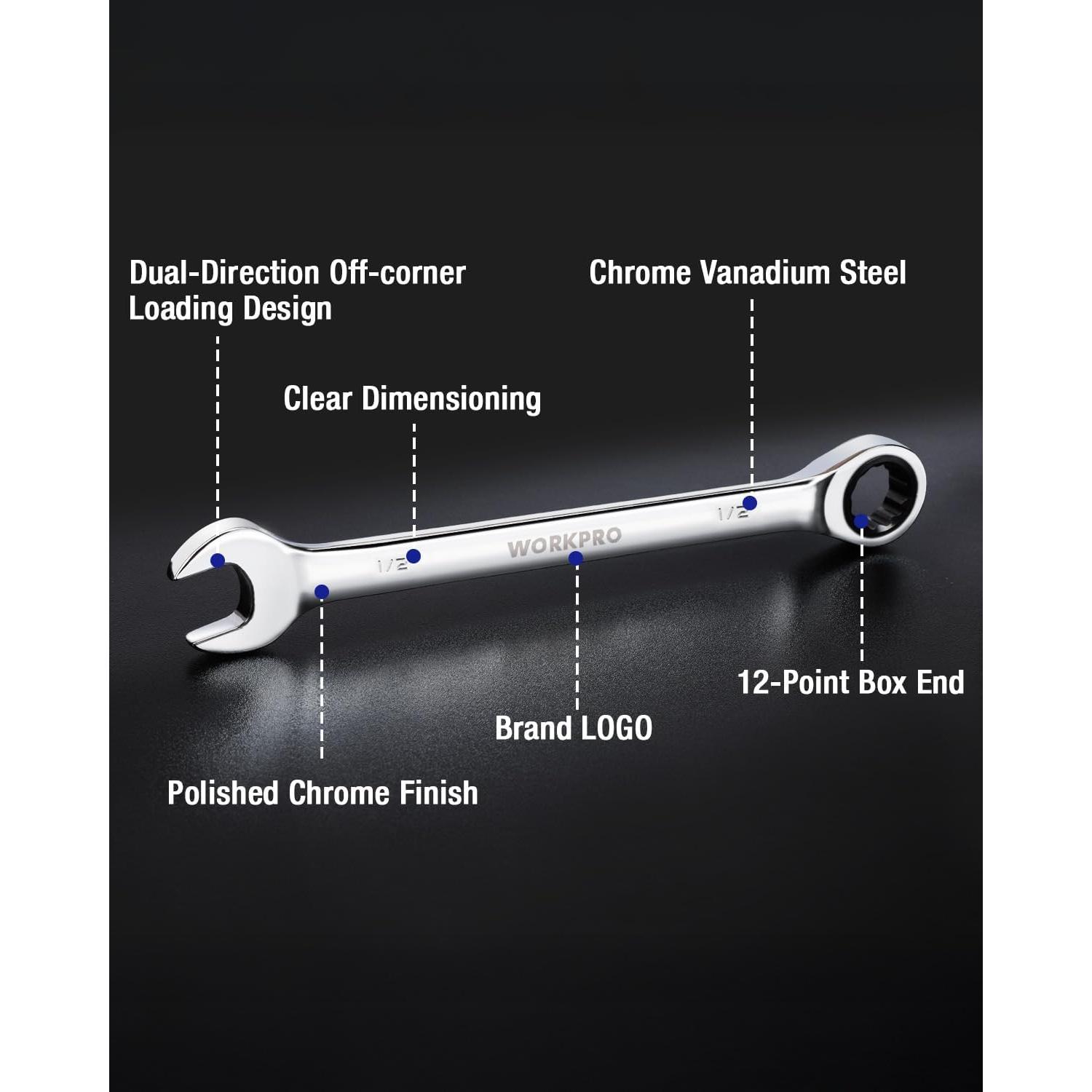 Llave Combinada de Carraca 1/2" WORKPRO Acero CR-V 17.5cm