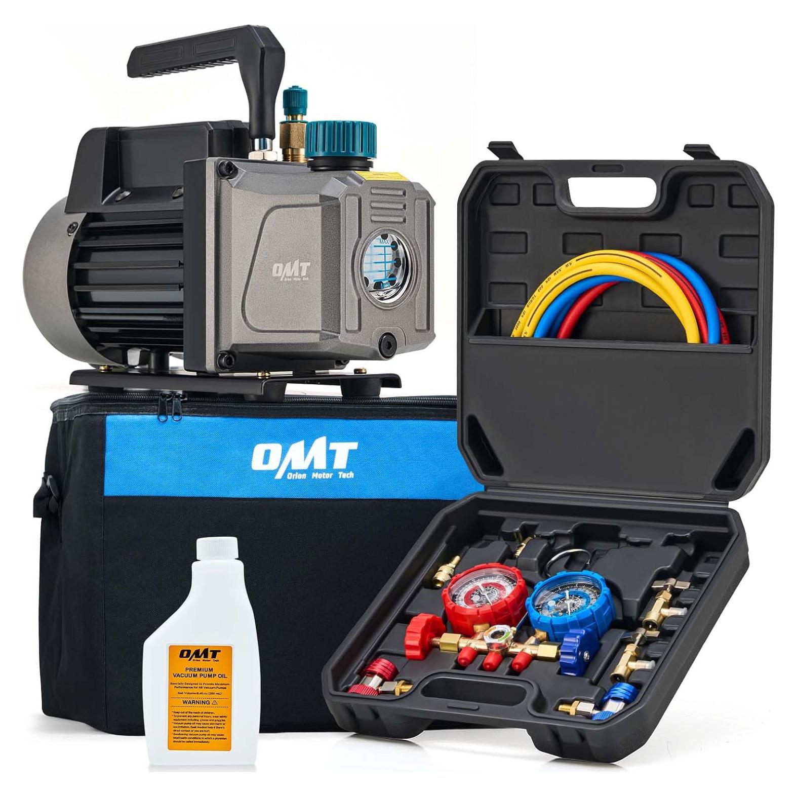 Kit de bomba de vacío y manómetro A/C Orion Motor Tech 3.5 CFM