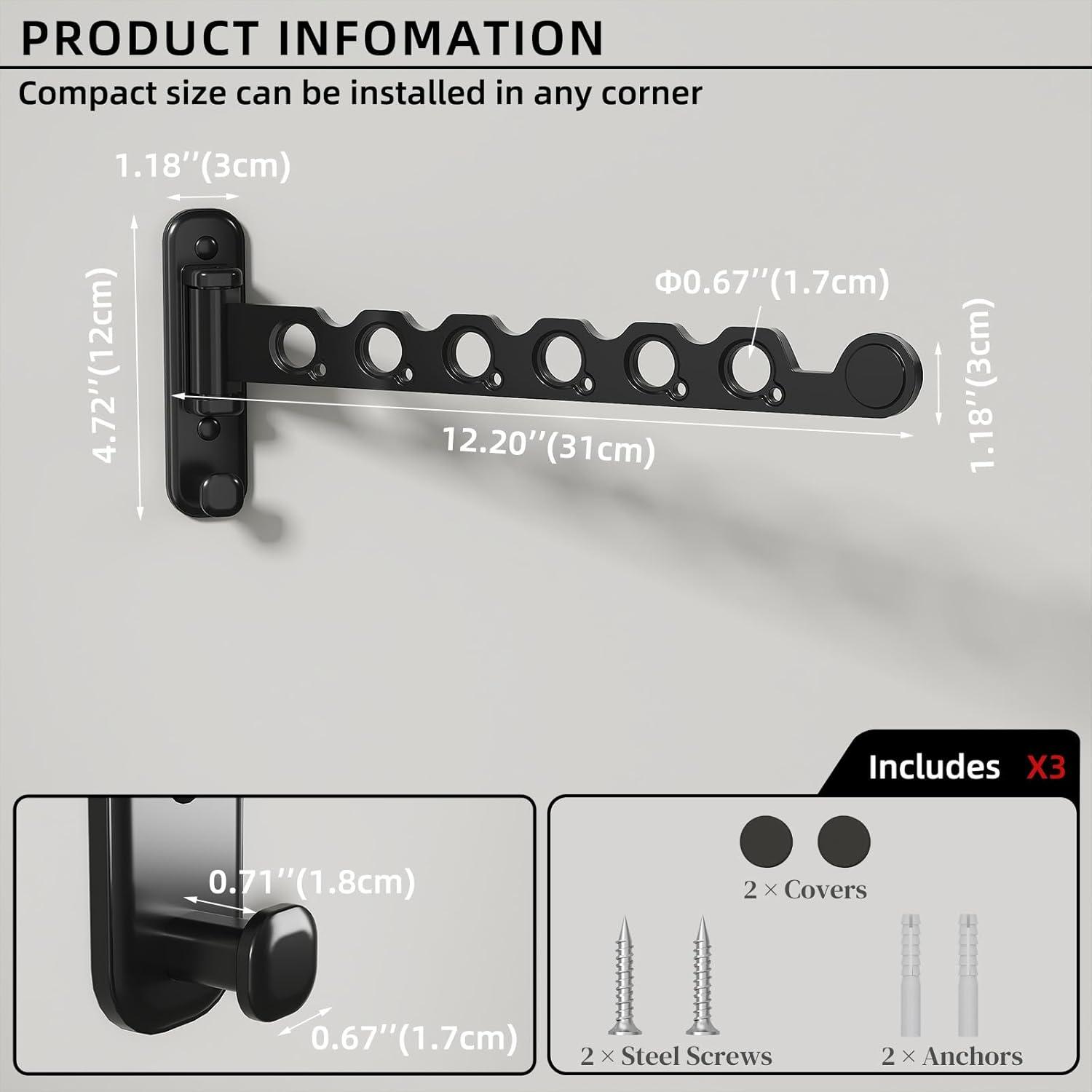Perchero Plegable Montado en Pared Dancrul 6 Agujeros Negro