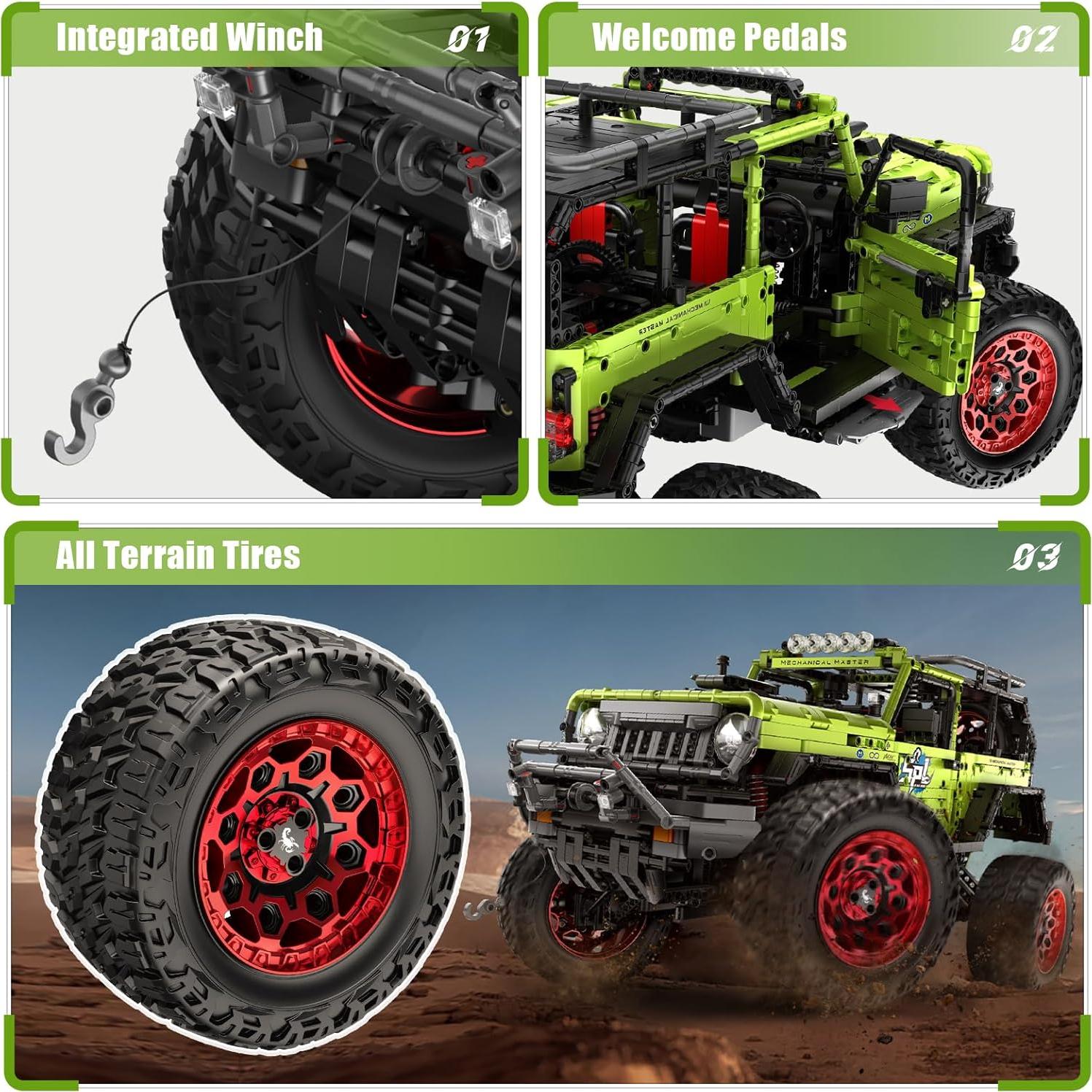 Remote Control Jeep Wrange 4x4 Building Kits, 1:6 Technique Motorized Off Road Pickup Set - with 4 Black Motors, All Terrain Design - STEM Engineering Gift for Adults & Teens (2121 PCS)