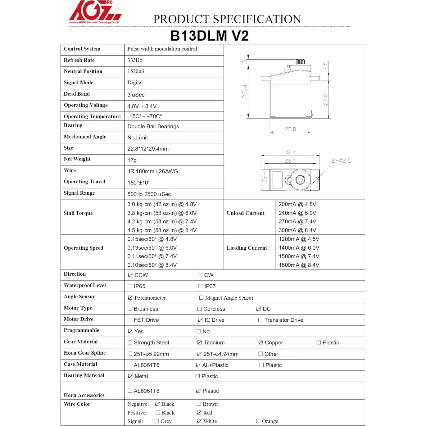 Servo Motor AGFRC B13DLM V2 4.5kg 22.8x12x29.4mm RC