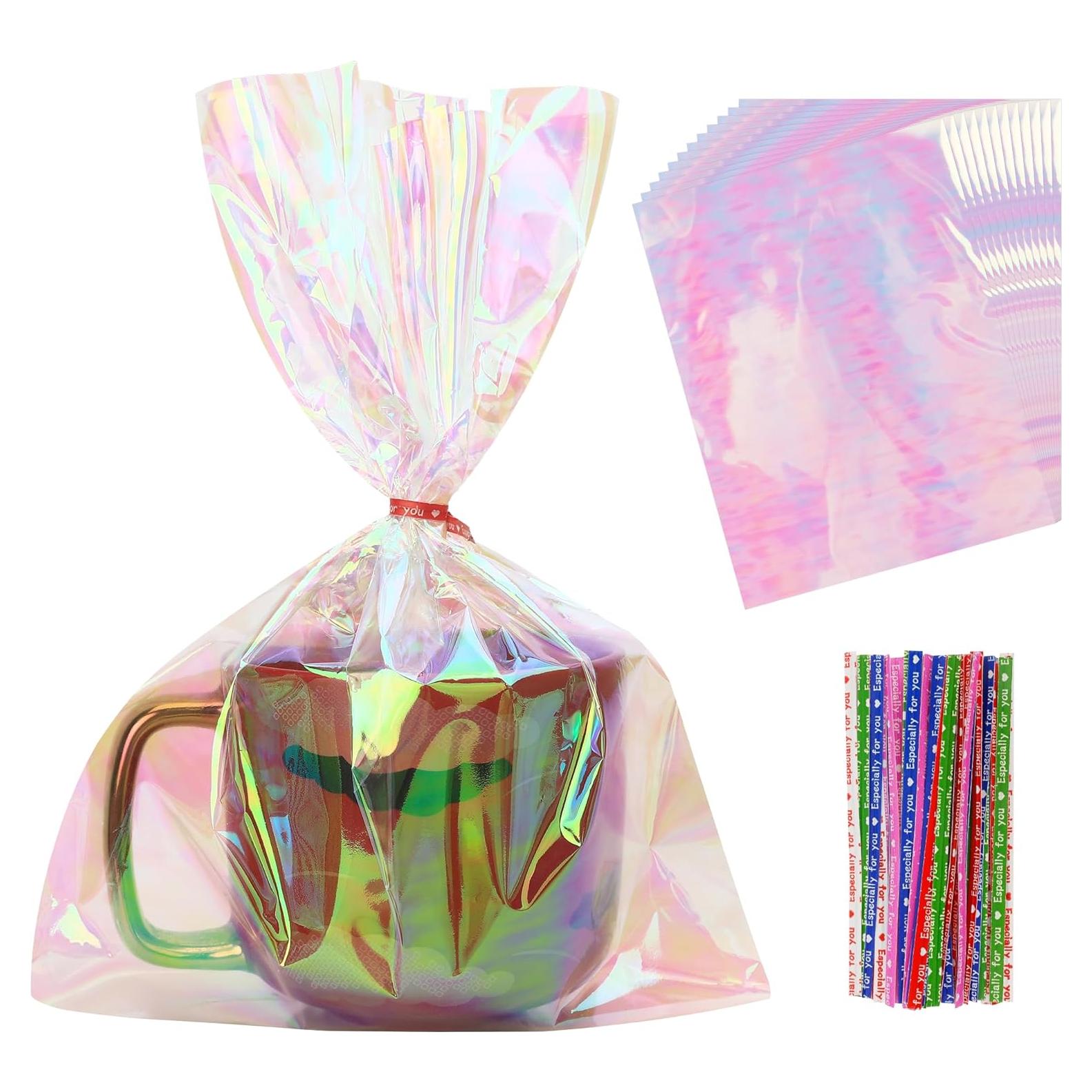 50 Bolsas Holográficas 20x28 cm con Lazos Coloridos para Regalos