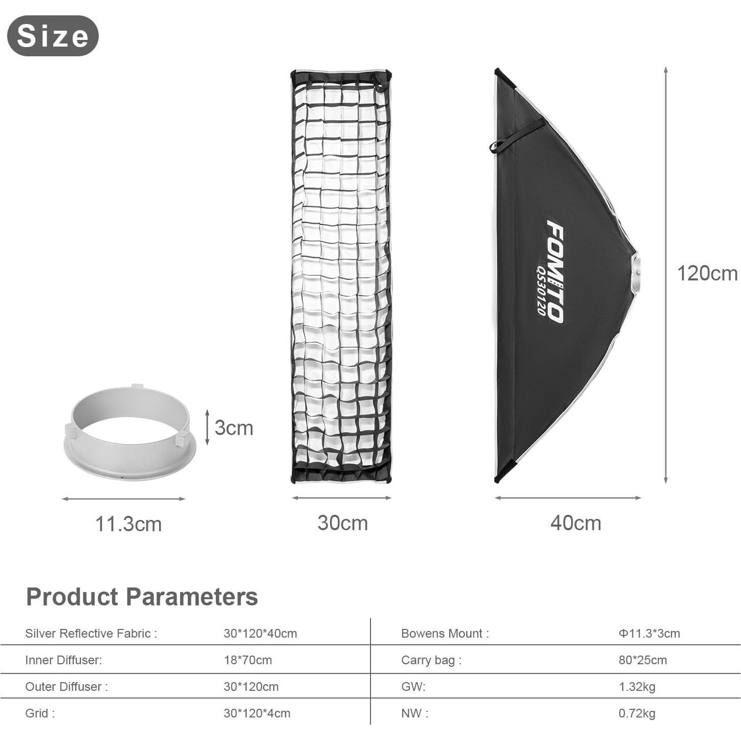 Softbox Rectangular FOMITO 30x120cm con Montaje Bowens
