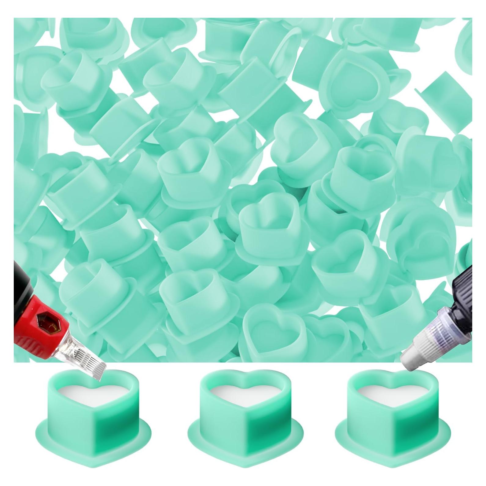 Tazas de Tinta para Tatuaje OZER 200pcs Silicona Corazón Cian