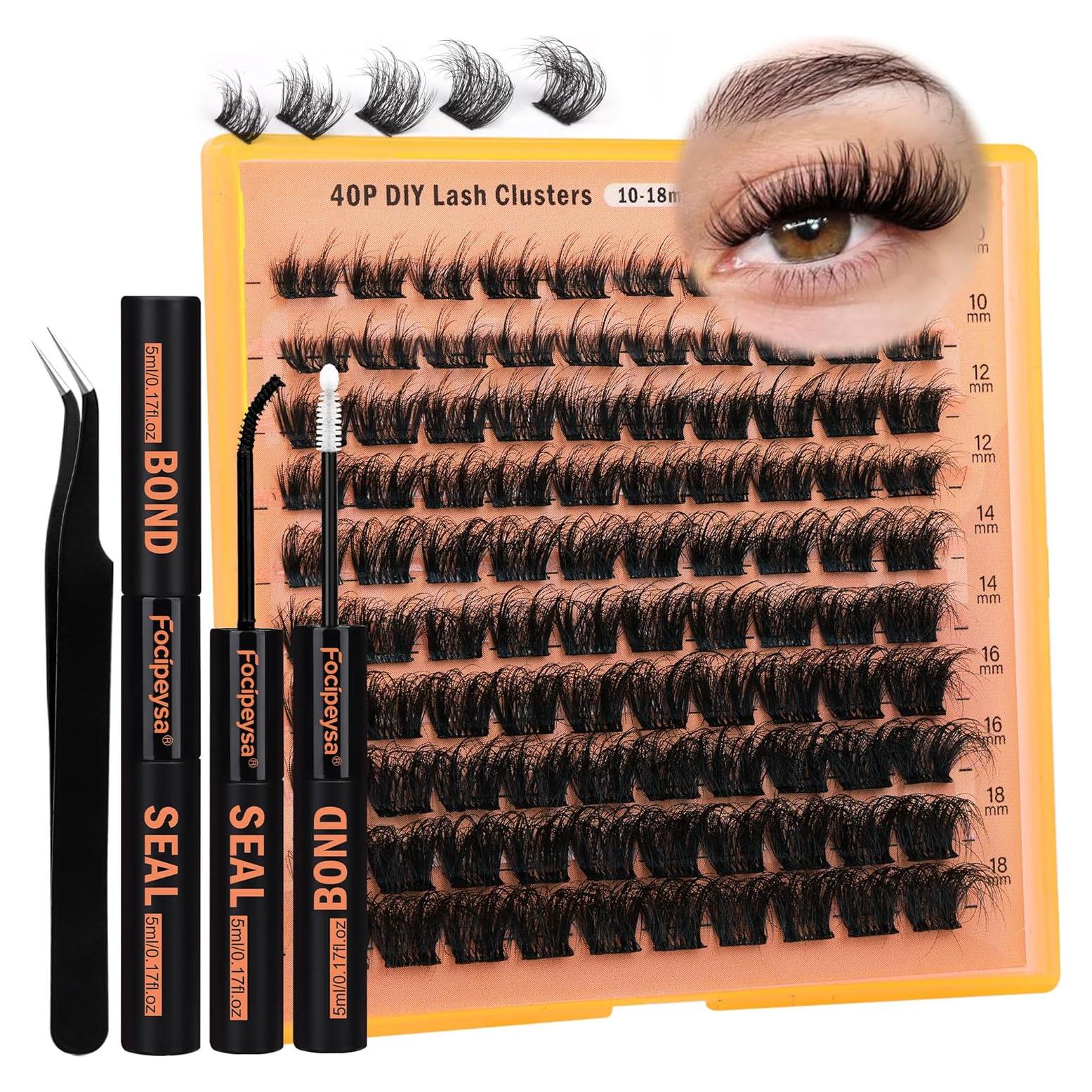 Kit de Extensión de Pestañas Focipeysa 40P DIY 10-18mm con Pegamento