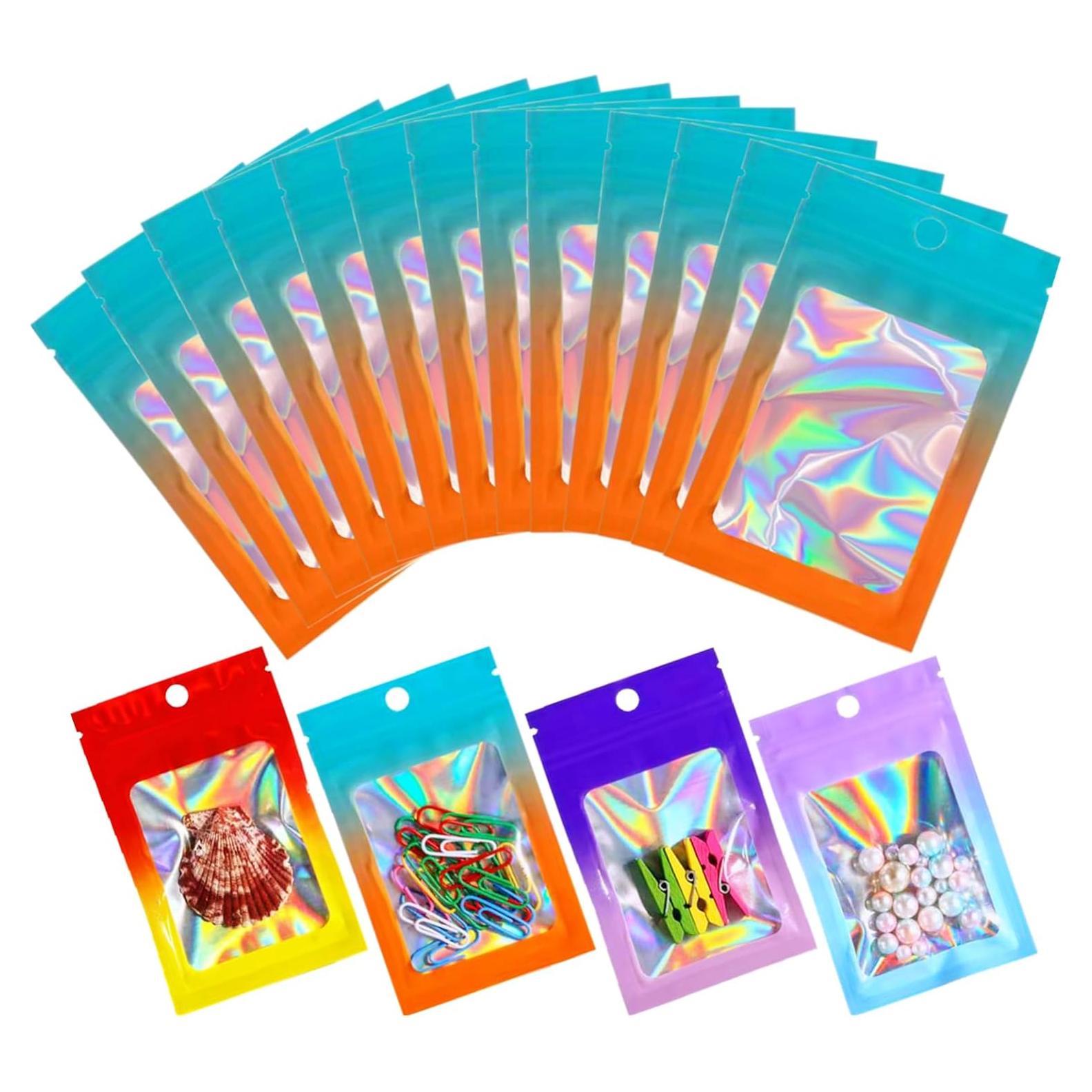 100 Bolsas Holográficas Mylar Loveaiai 6.86x9.91 cm Reutilizables