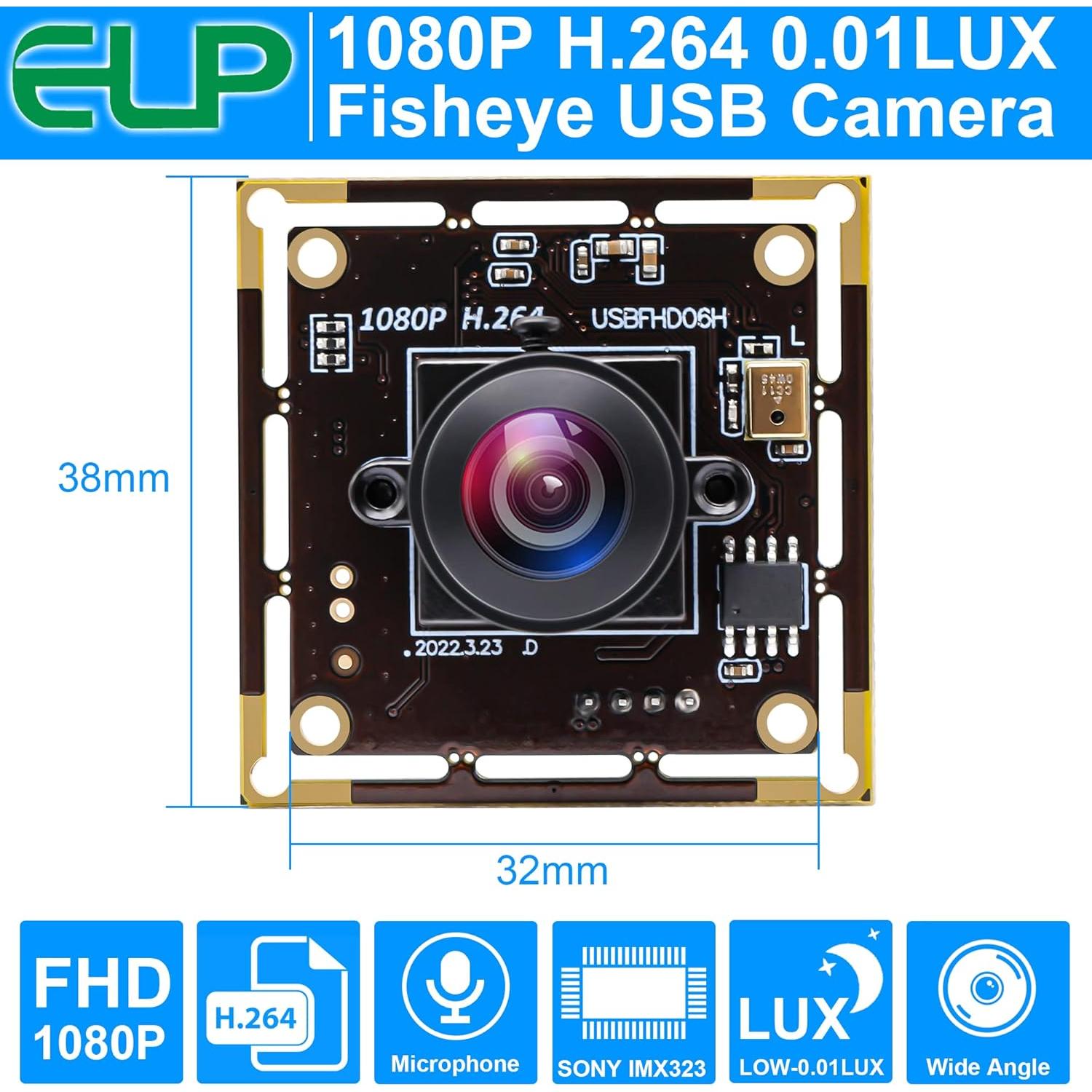 Cámara USB ELP IMX323 1080P Mini con Micrófono y Lente Ojo de Pez