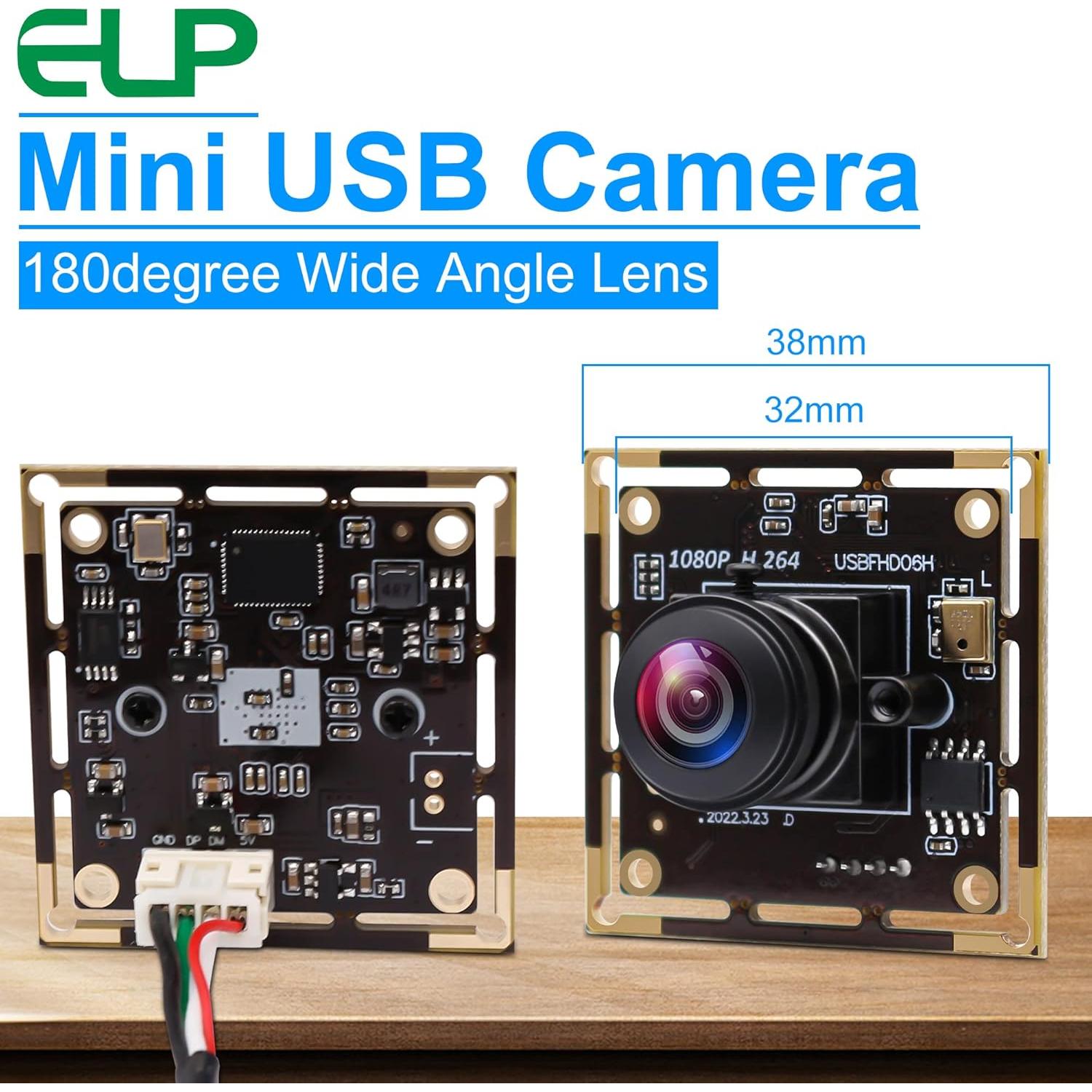 Cámara USB ELP IMX323 1080P Mini con Micrófono y Lente Ojo de Pez