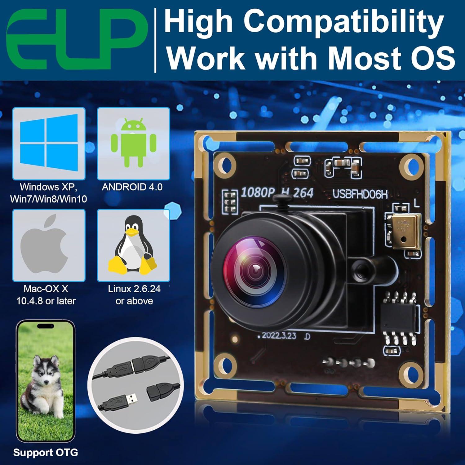 Cámara USB ELP IMX323 1080P Mini con Micrófono y Lente Ojo de Pez