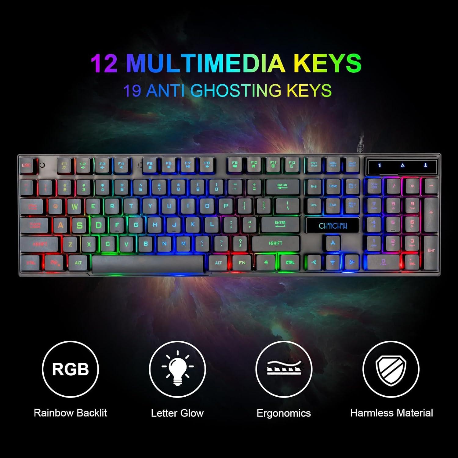 Combo Gamer Teclado LED Arcoíris CHONCHOW + Ratón + Auriculares + Alfombrilla