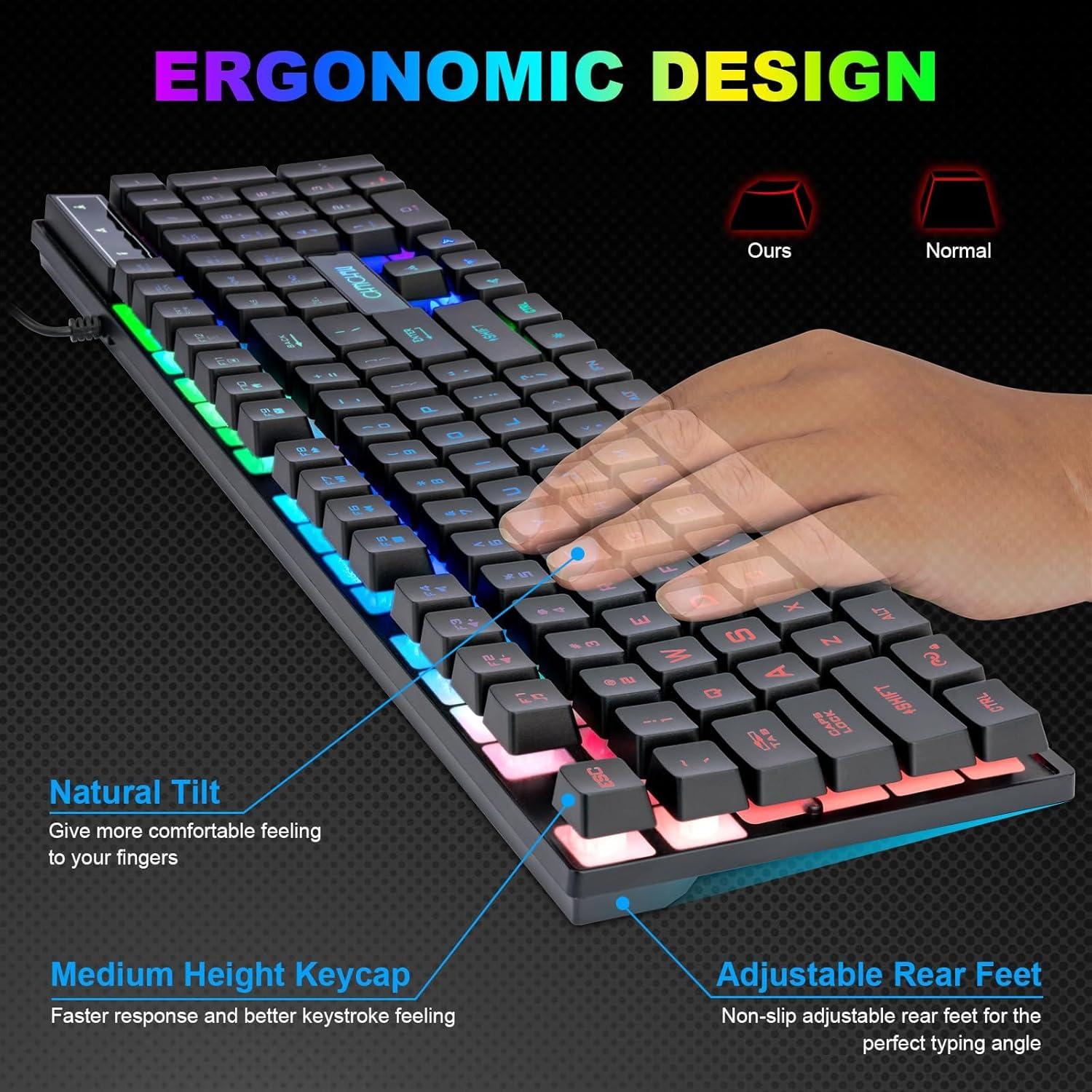 Combo Gamer Teclado LED Arcoíris CHONCHOW + Ratón + Auriculares + Alfombrilla