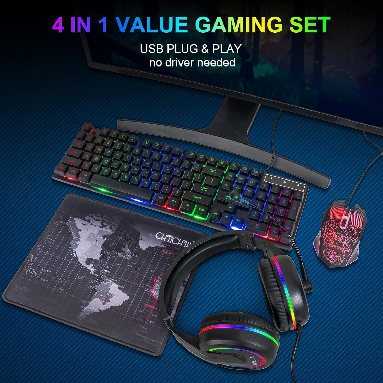 Combo Gamer Teclado LED Arcoíris CHONCHOW + Ratón + Auriculares + Alfombrilla