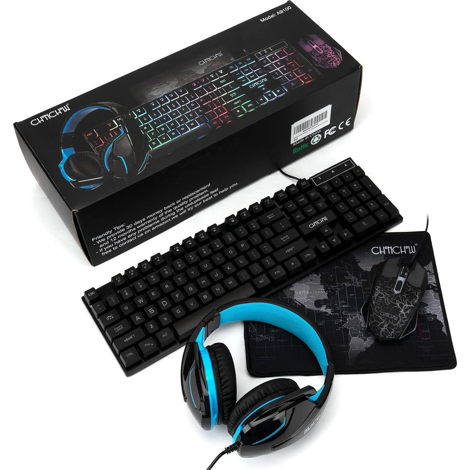Combo Gamer Teclado LED Arcoíris CHONCHOW + Ratón + Auriculares + Alfombrilla