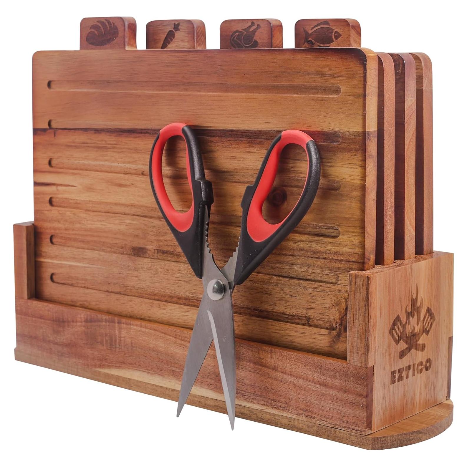 Juego de tablas de cortar de madera de acacia con soporte y tijeras