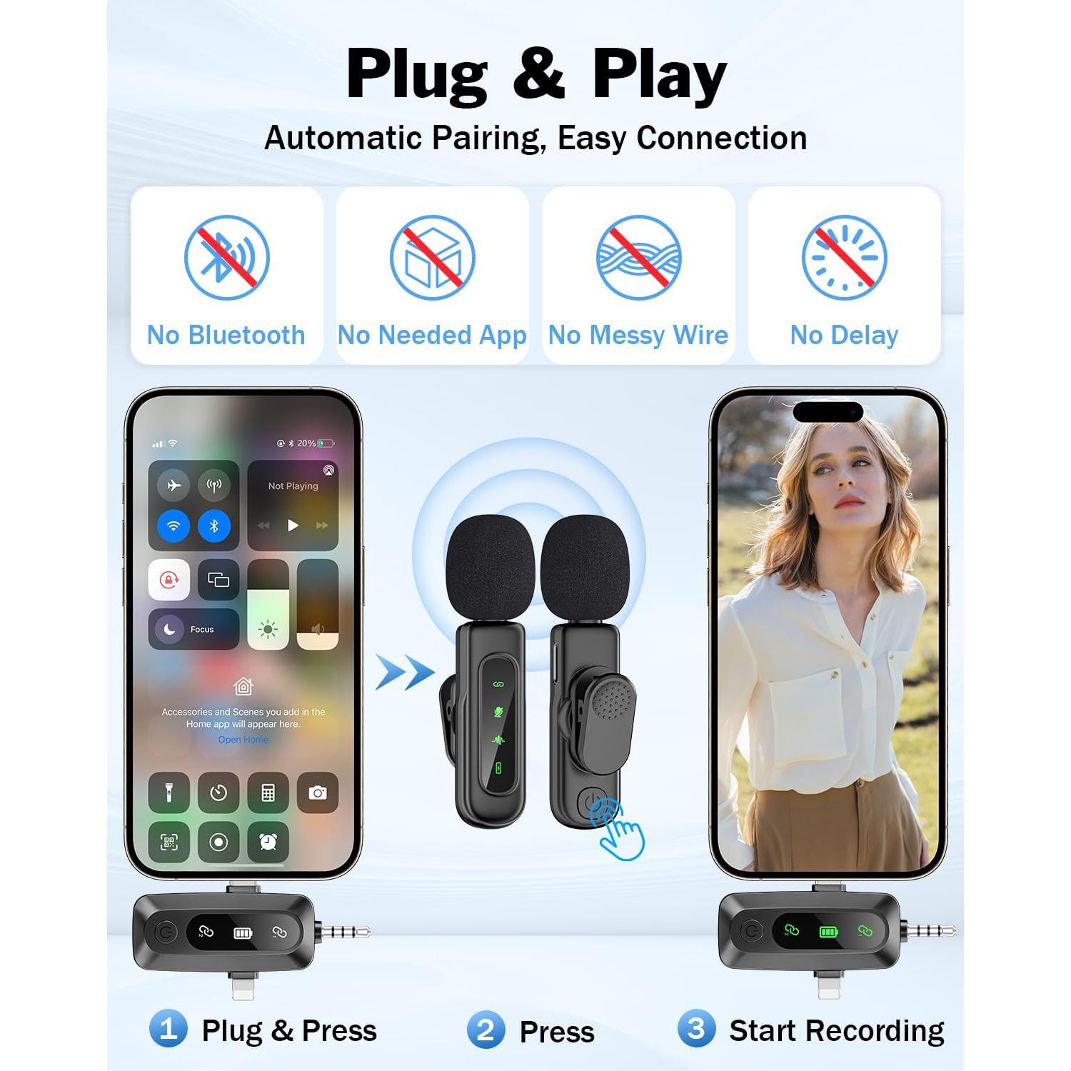 Micrófono Lavalier Inalámbrico PoP Voz 3en1 con Reducción de Ruido