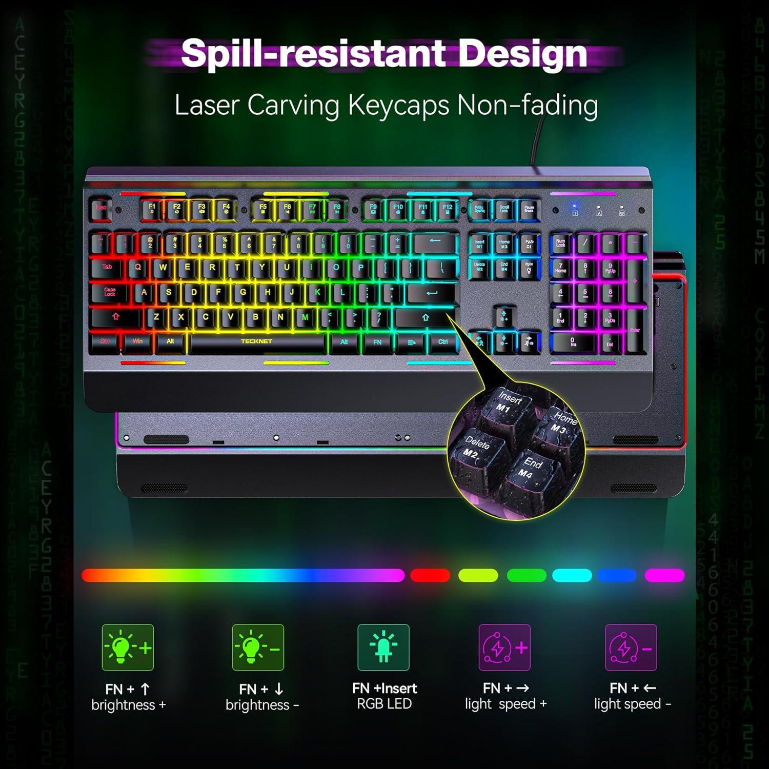 TECKNET Teclado Gaming USB RGB Resistente al Agua 1,11kg