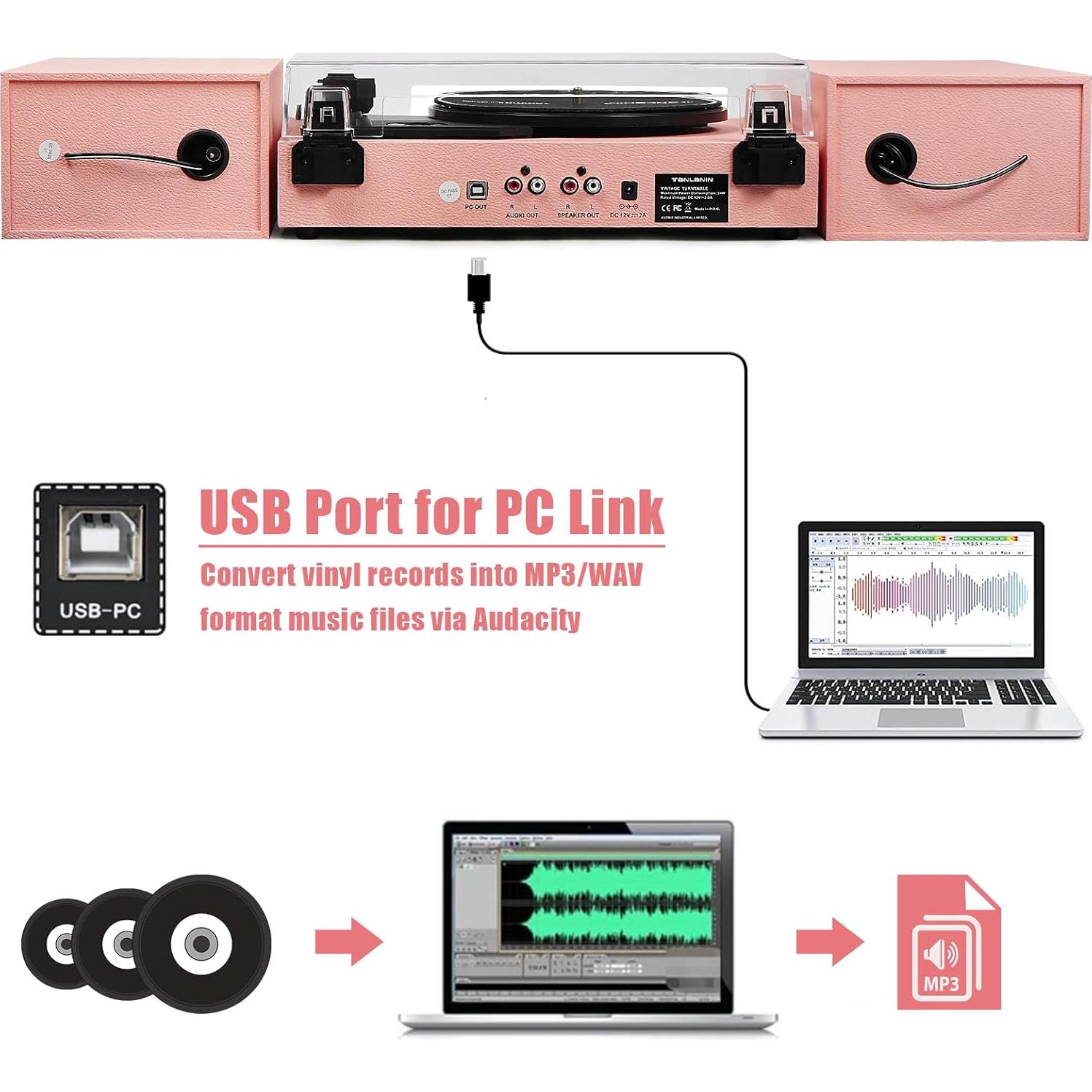 Reproductor de Vinilo TANLANIN TE-003PK Rosa con Bluetooth