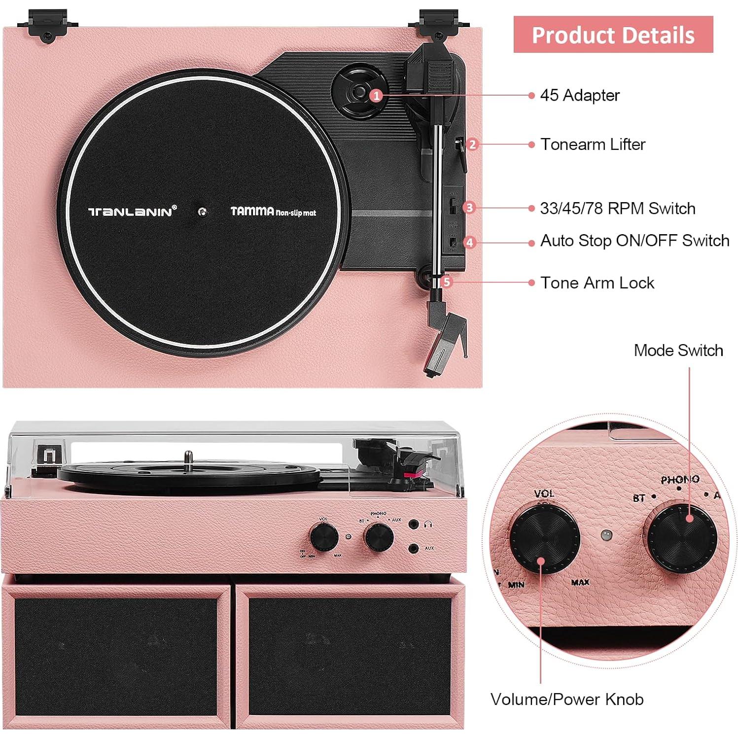 Reproductor de Vinilo TANLANIN TE-003PK Rosa con Bluetooth