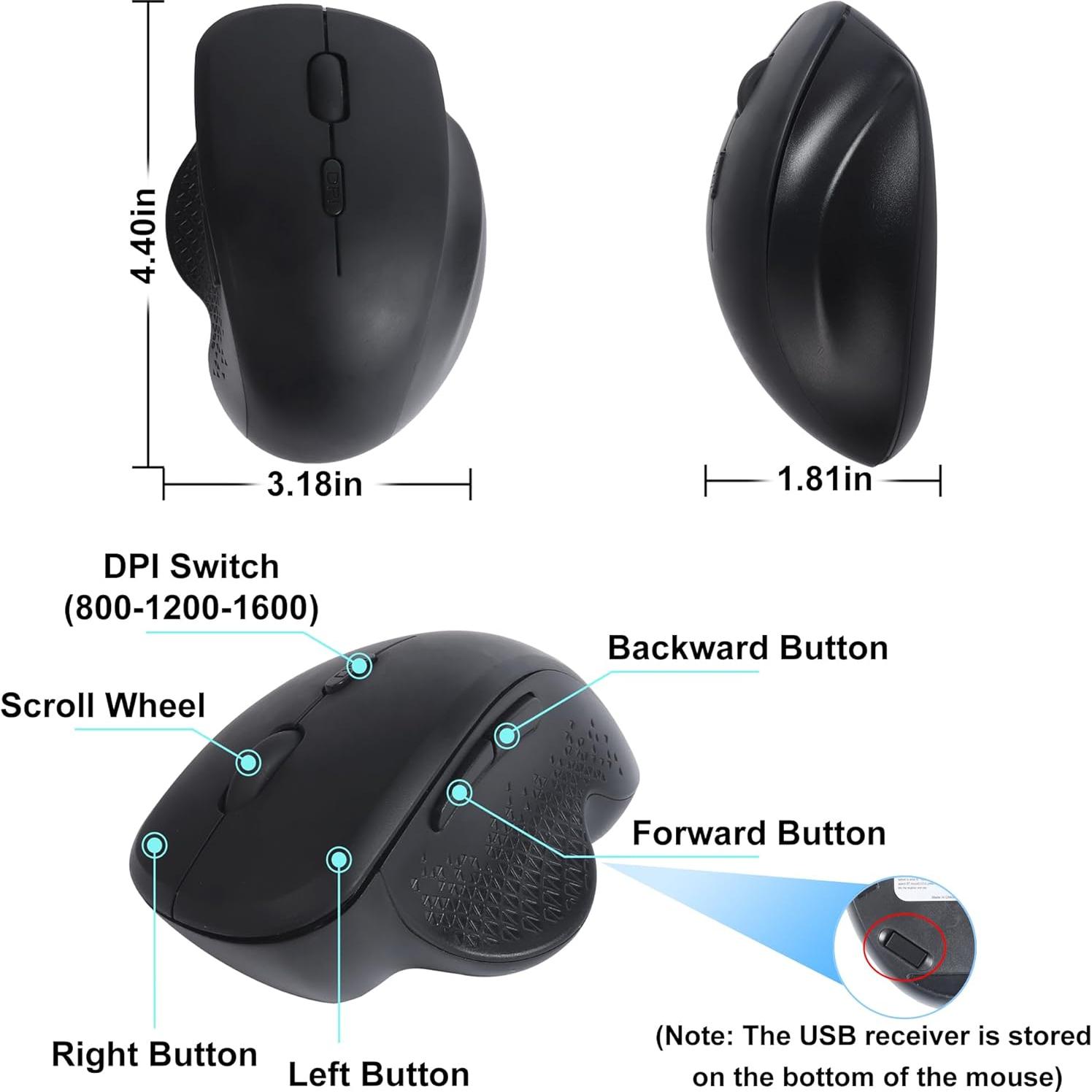 Ratón Vertical Inalámbrico Ergonómico CHUYI Negro 3 DPI Ajustables