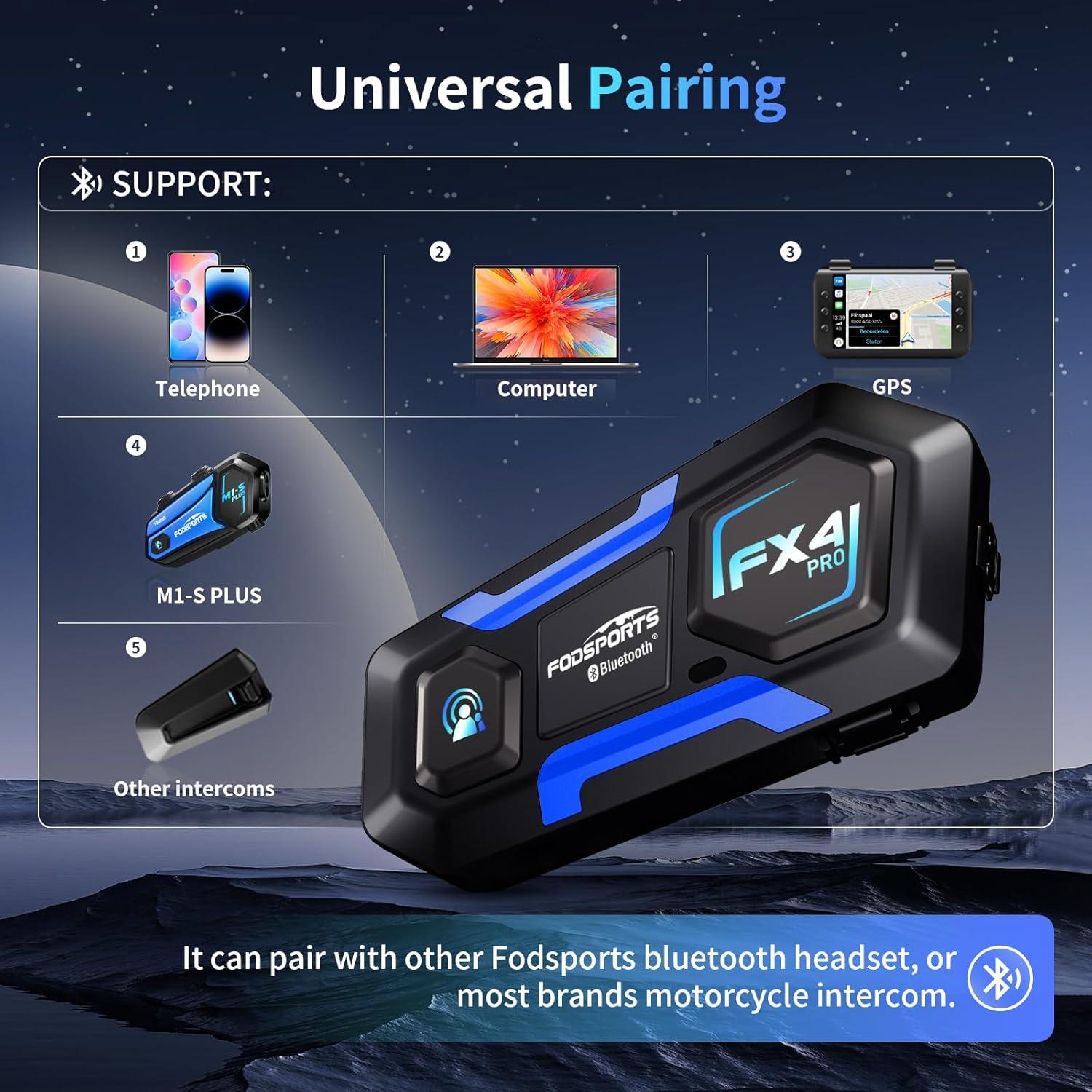 Intercomunicador Bluetooth Fodsports FX4 Pro 1200m 4 Riders