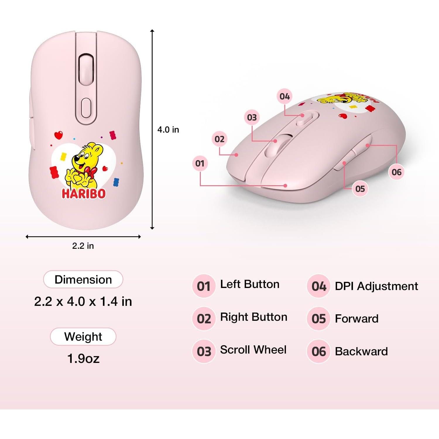 Ratón Inalámbrico Haribo Rosa, Bluetooth 5.0, DPI Ajustable