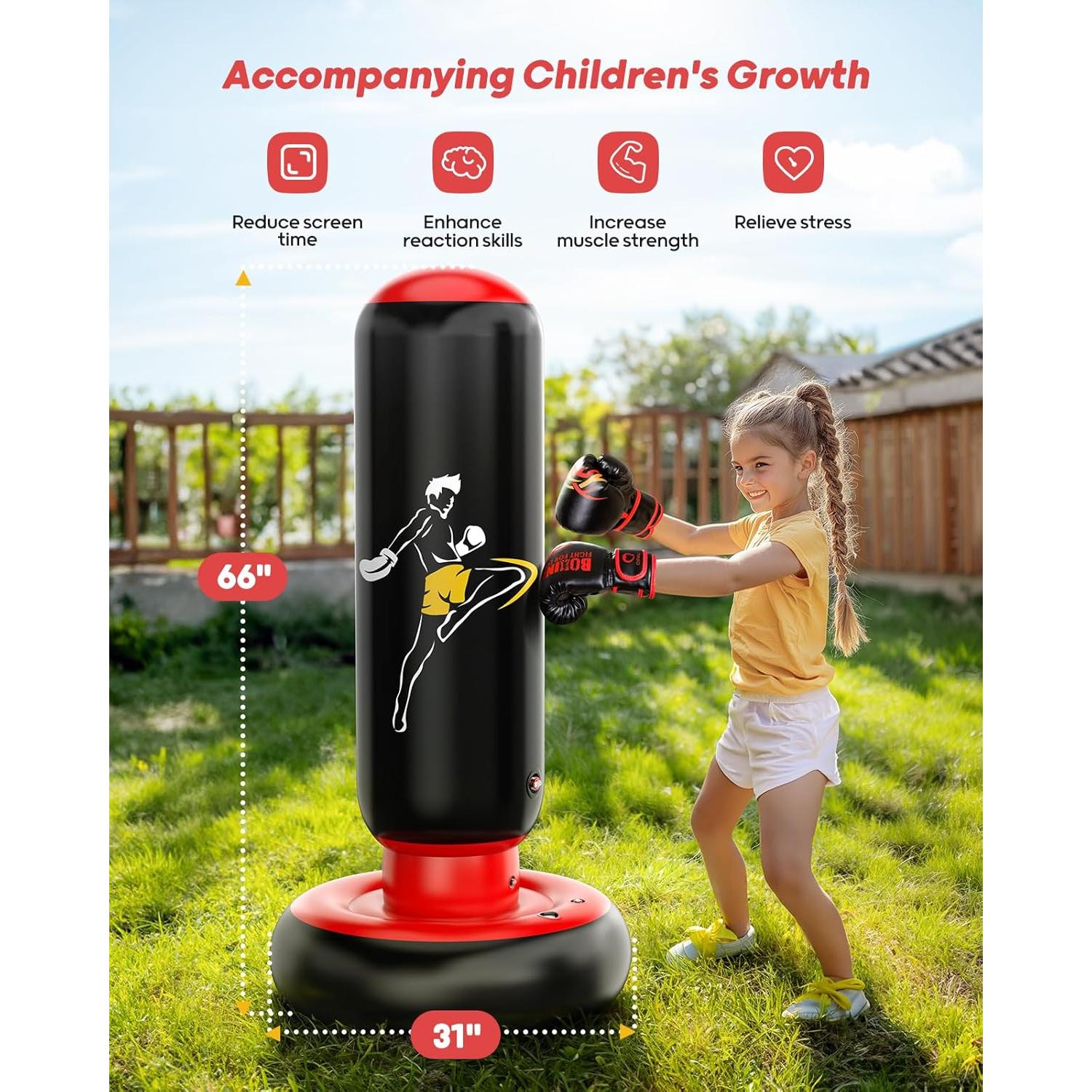 Saco de Boxeo Inflable QPAU 167 cm con Guantes para Niños
