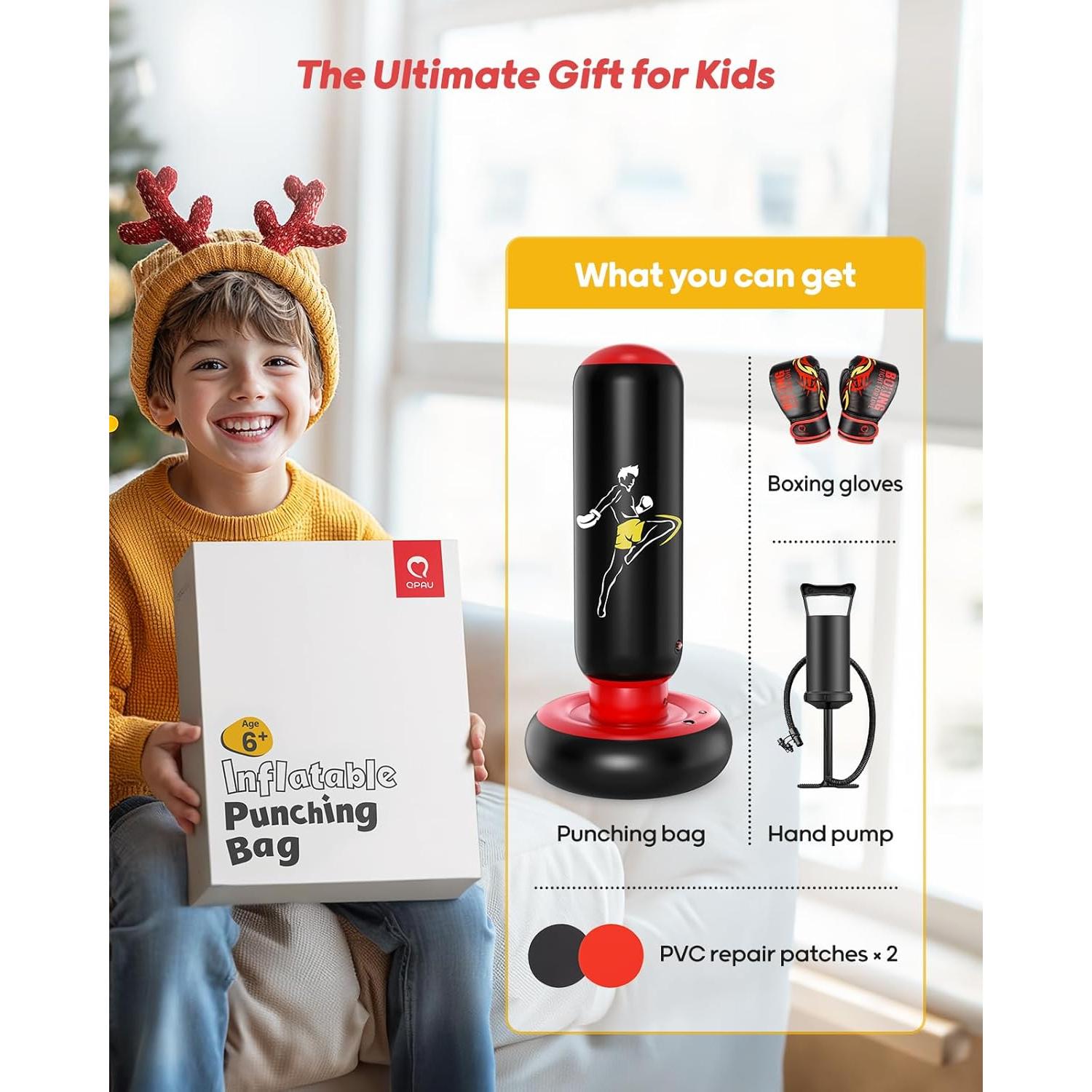 Saco de Boxeo Inflable QPAU 167 cm con Guantes para Niños