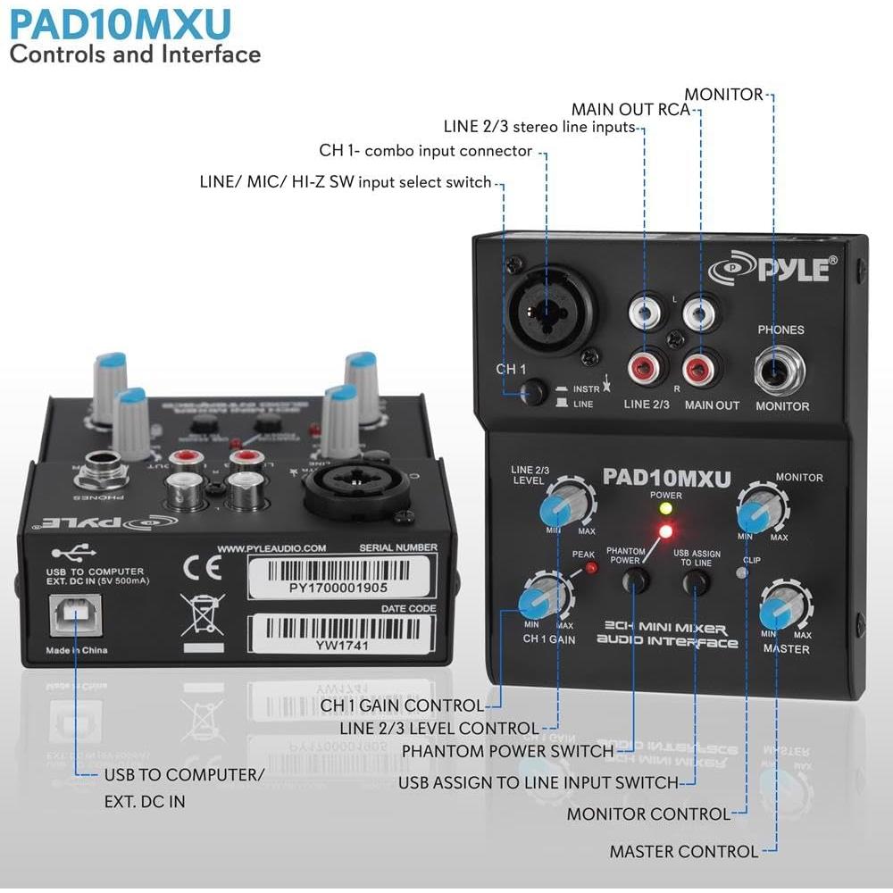 Mezclador Mini Pyle PAD10MXU 2 Canales USB 18V Phantom