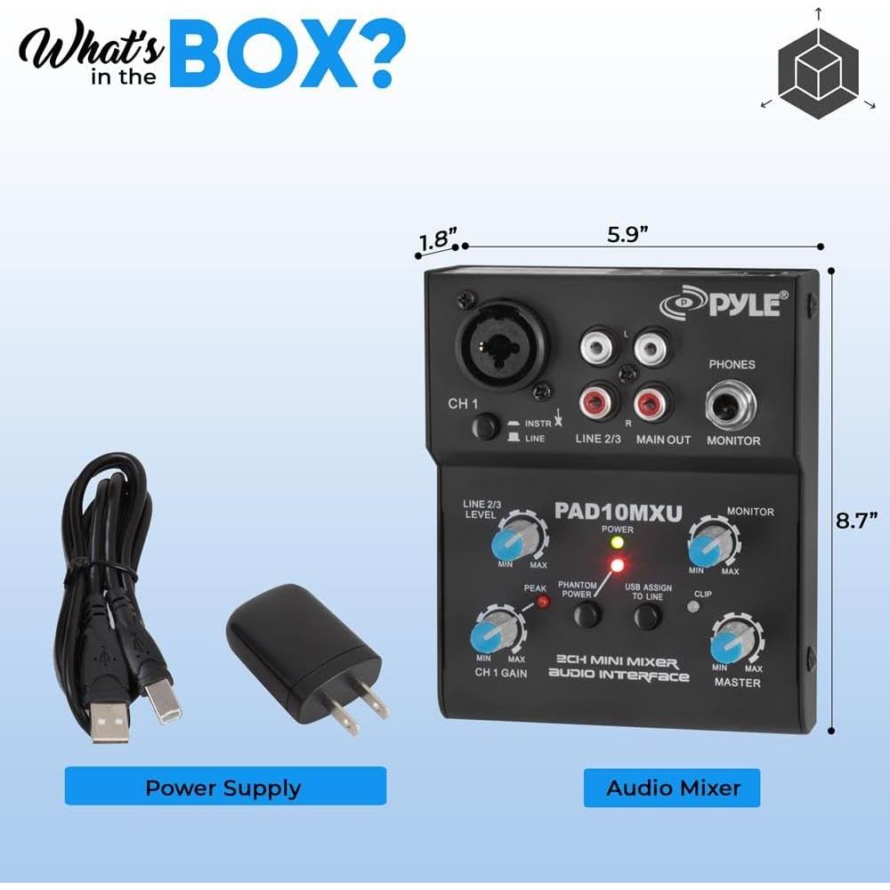 Mezclador Mini Pyle PAD10MXU 2 Canales USB 18V Phantom