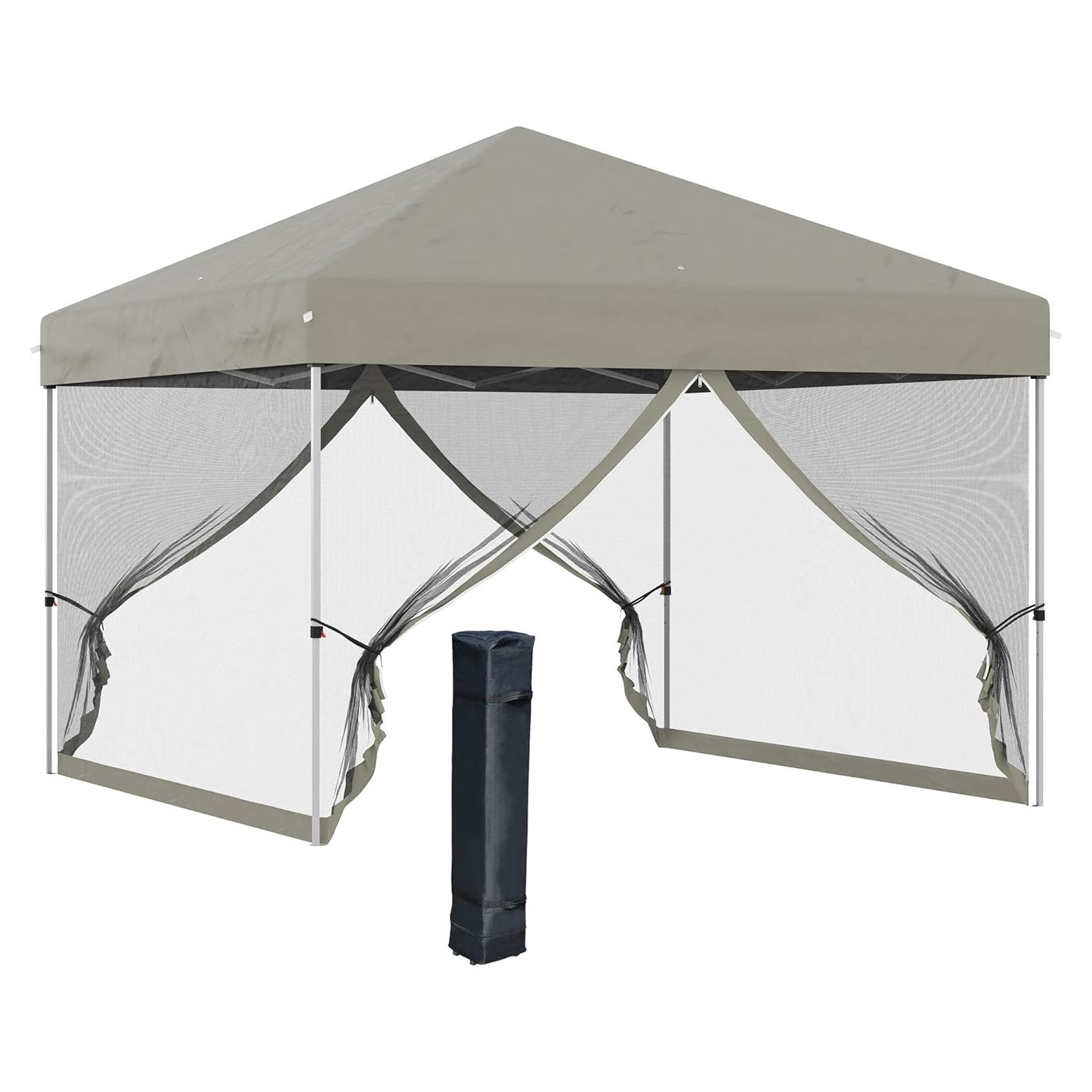 Carpa Plegable Outsunny 3m x 3m Beige con Mosquitera