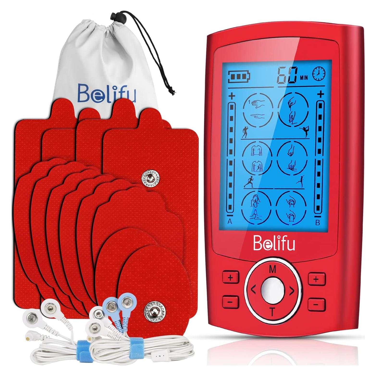 Unidad TENS Belifu Doble Canal con 12 Almohadillas y 24 Modos