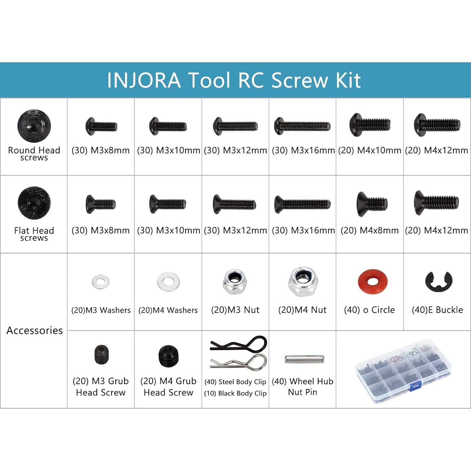 Kit de Tornillos RC INJORA 600PCS M3 M4 con Estuche
