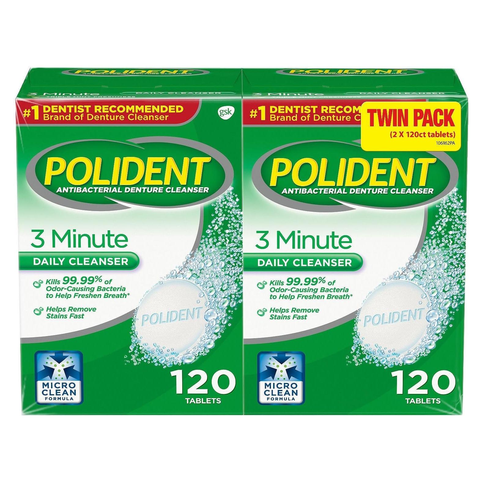 Limpiador Antibacteriano de Dentaduras Polident 3 Minutos - 2 Paquetes