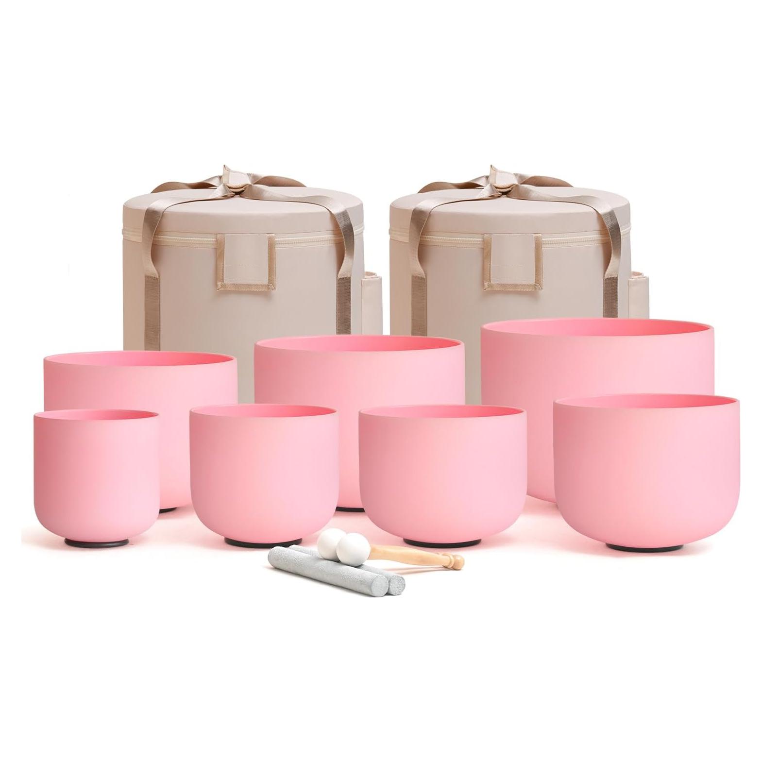 Conjunto 7 Cuencos de Canto Cristal Cuarzo Rosa 432HZ 15-30cm