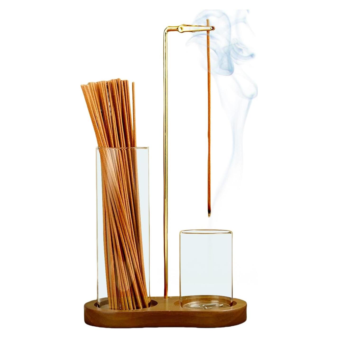 Soporte de Incienso 2 en 1 OEAYA con Tazas de Vidrio y Base de Madera