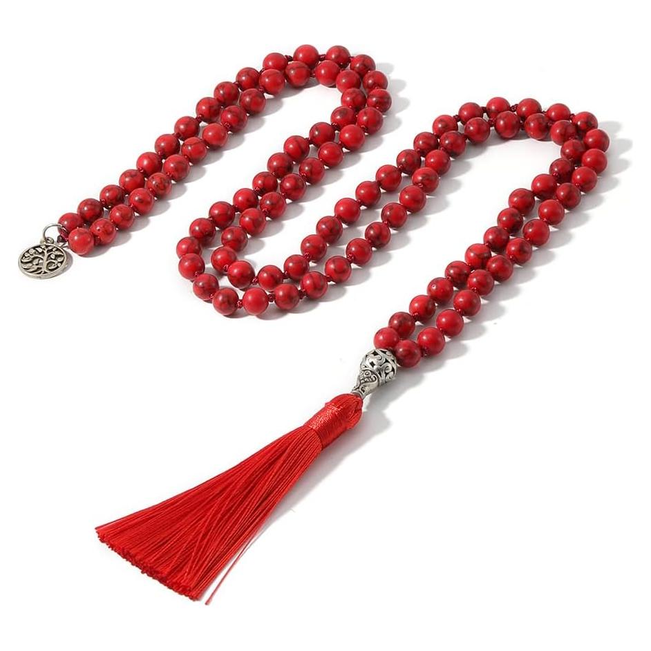 Collar Mala de 108 cuentas de Howlite roja 110cm Joyería Meditación