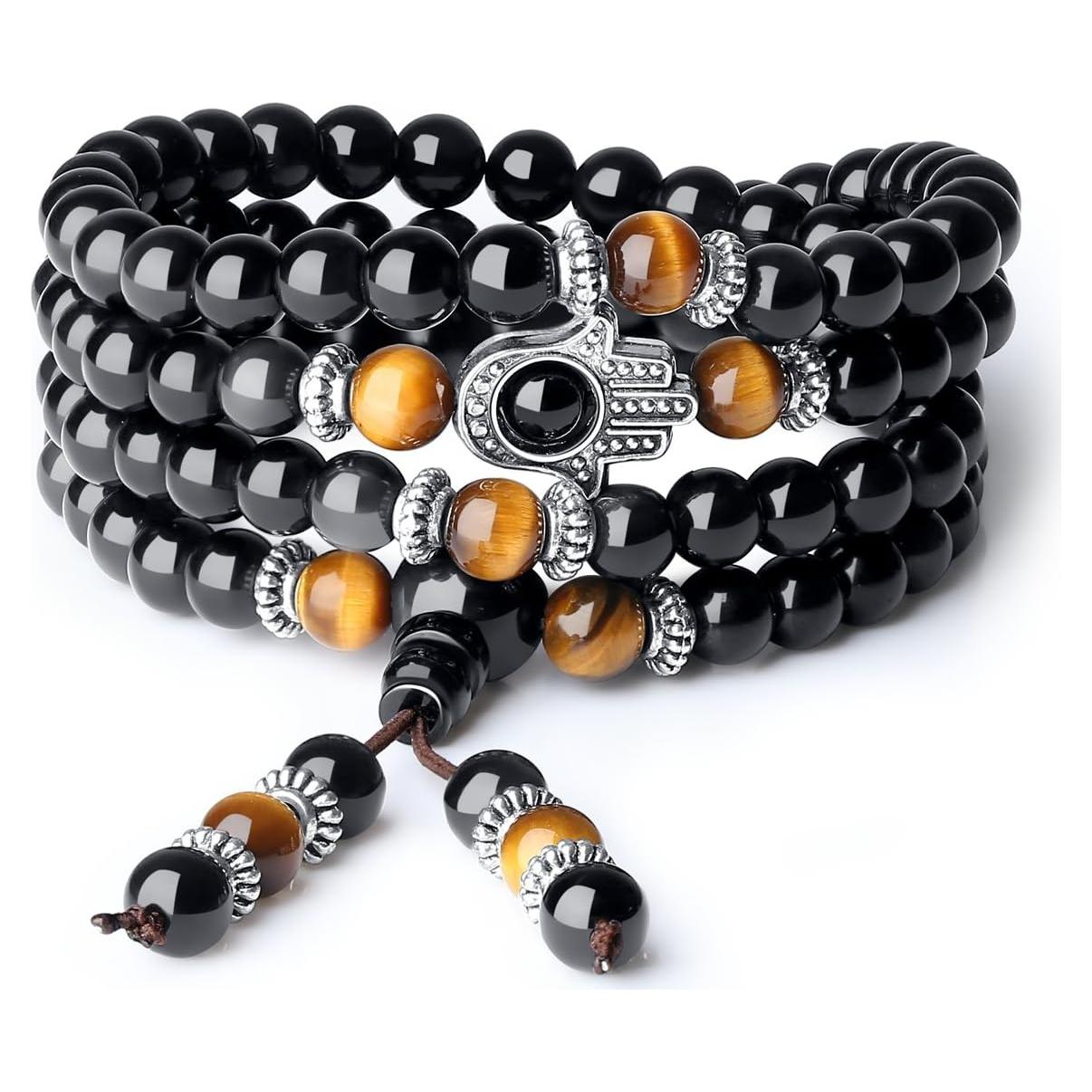 Collar Pulsera Mala COAI 108 Cuentas Obsidiana y Hamsa