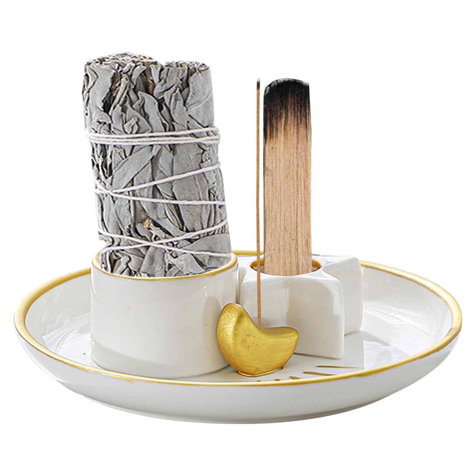 Soporte de Incienso 4 en 1 Metackle Cerámica Blanco y Dorado