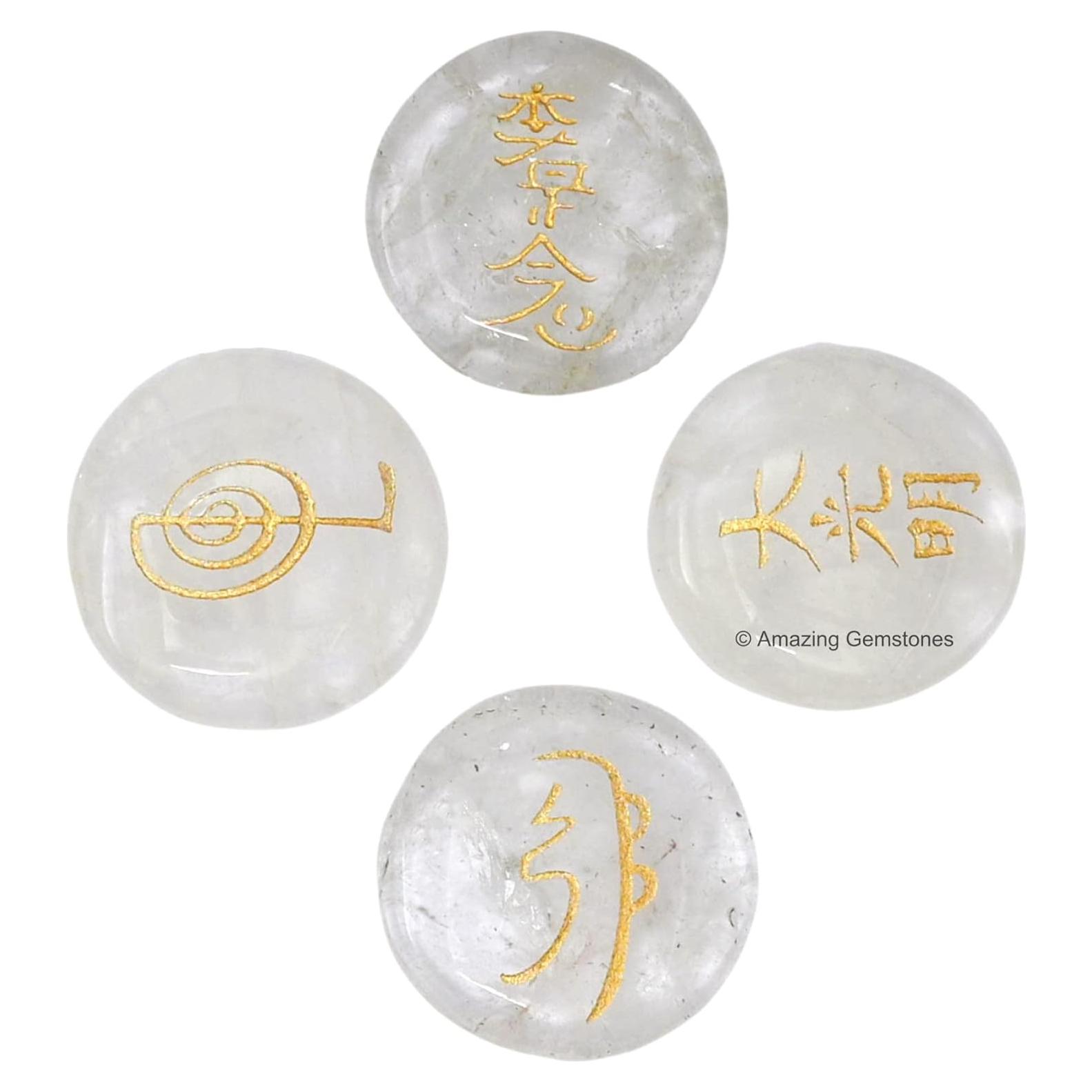 Set de 4 Piedras de Cuarzo Claro Reiki con Símbolos Usui
