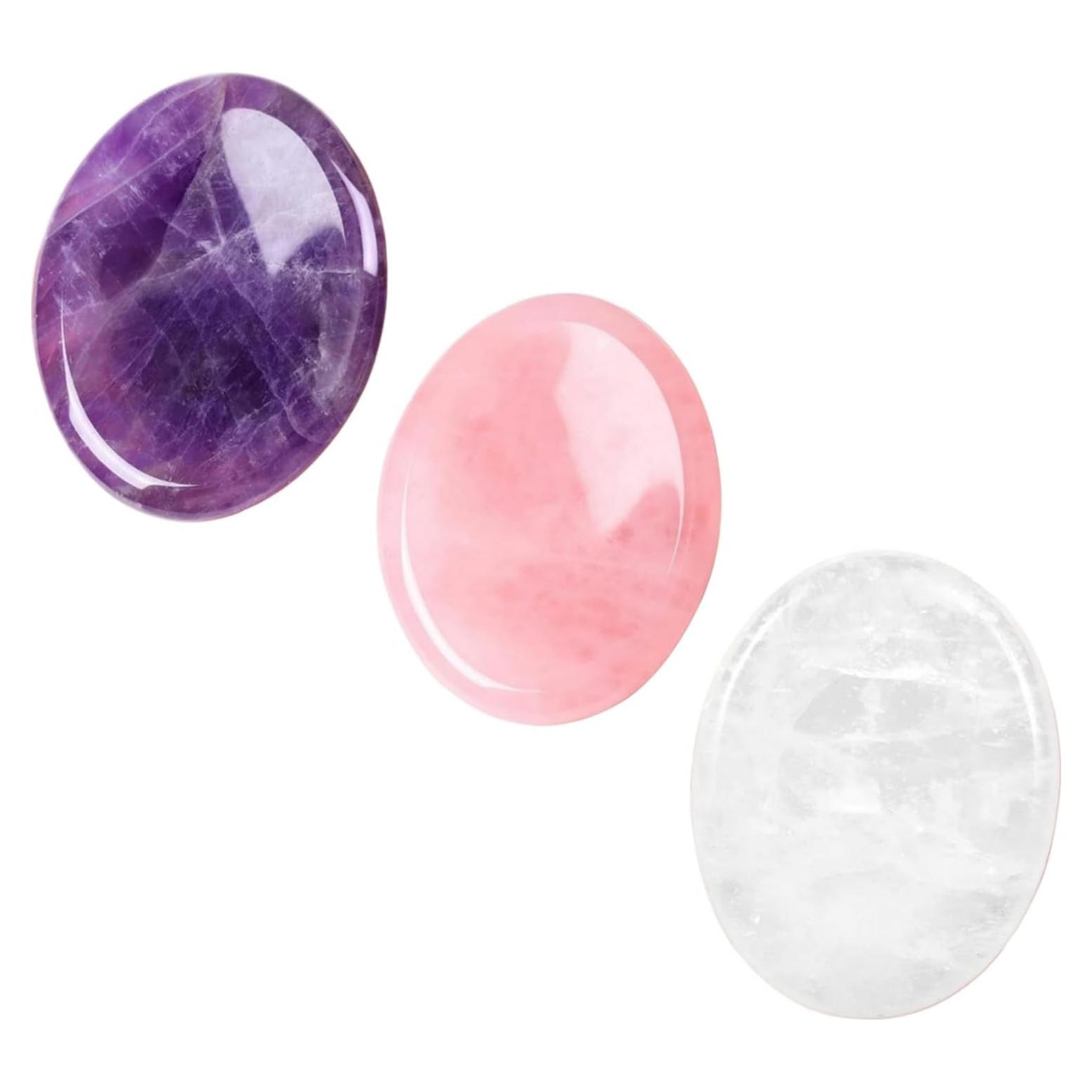 Conjunto de 3 Piedras de Preocupación Sanadoras ZONA DE SANACIÓN - Amatista, Cuarzo Rosa y Cuarzo Claro