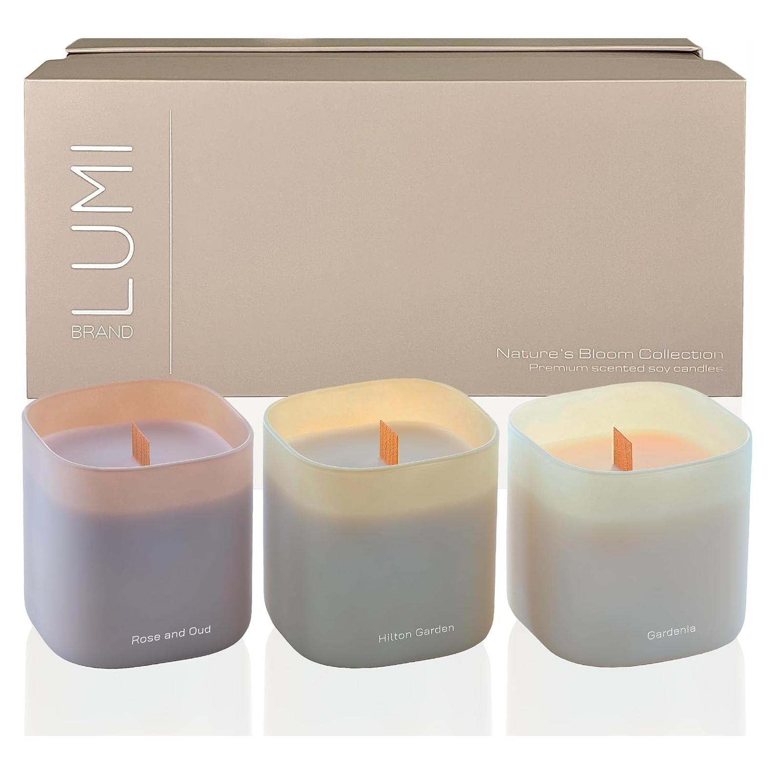 Juego de 3 Velas Aromáticas de Soja Lumi - Gardenia, Hilton Garden y Rosa & Oud - 50 Horas Quema Limpia