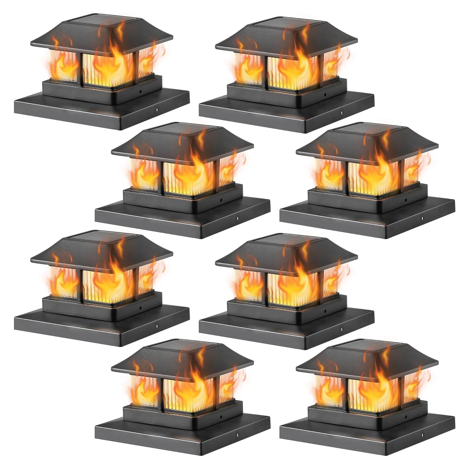 Dynaming Solar Flame Post Cap Lights Outdoor, Solar Powered Fence Post Light, Flickering Flame LED Lantern Lamps Waterproof for Garden Deck Patio, Fit 4x4, 5x5 or 6x6 Vinyl/Wooden Posts, 8 Pack
